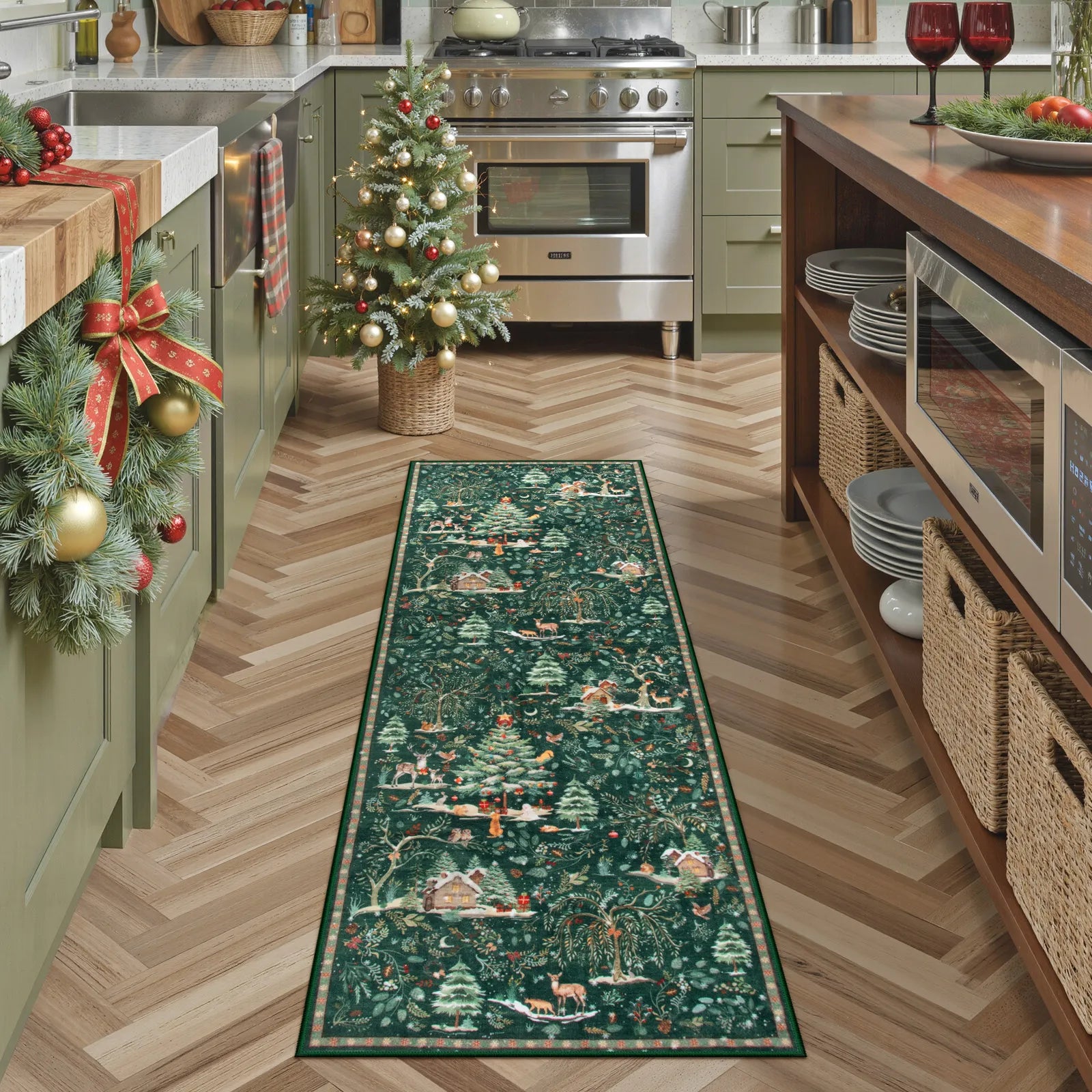 Jocelyn Christmas Washable Winter Woodland Cabin Green Rug Area Rugs Lahome