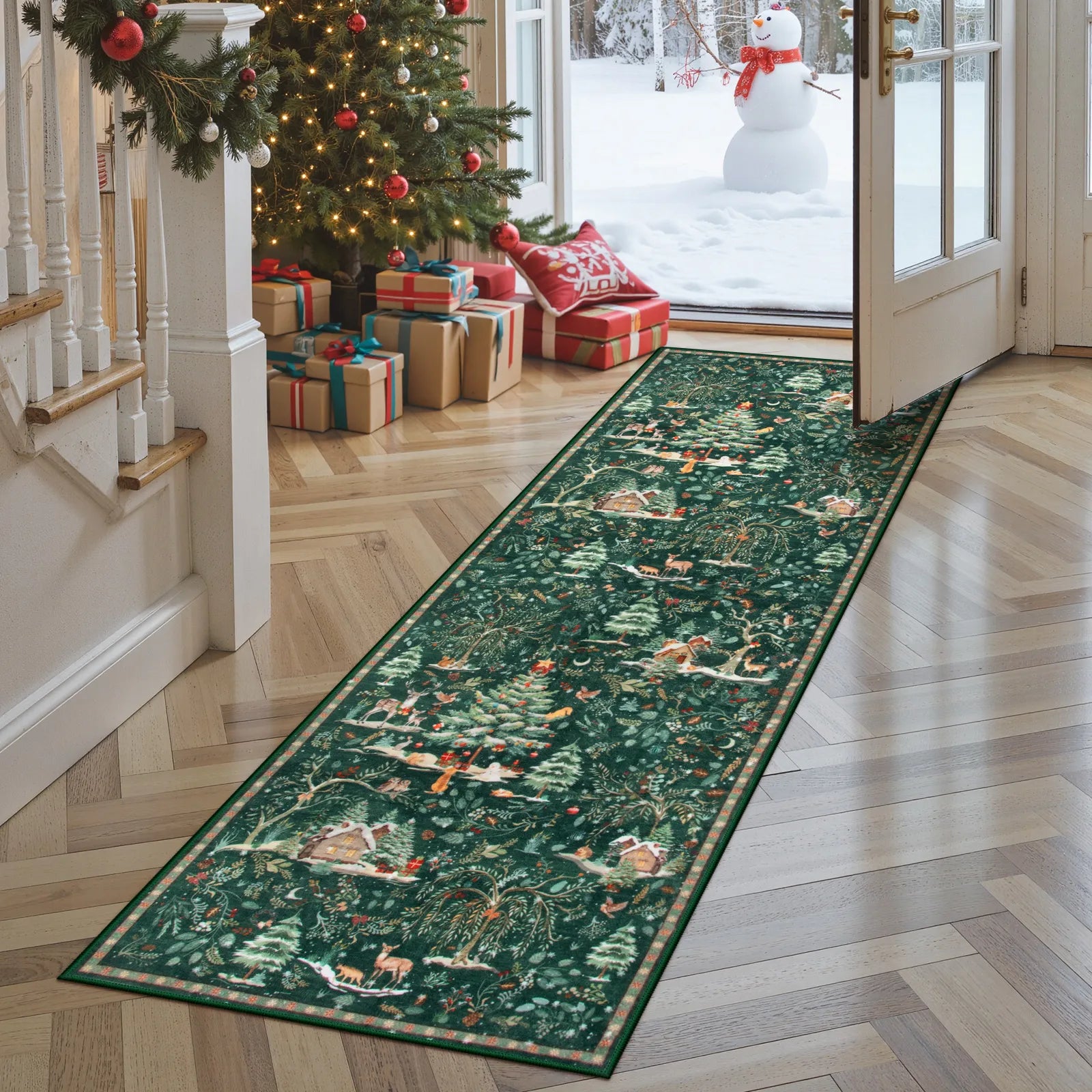 Jocelyn Christmas Washable Winter Woodland Cabin Green Rug Area Rugs Lahome 2' x 6'