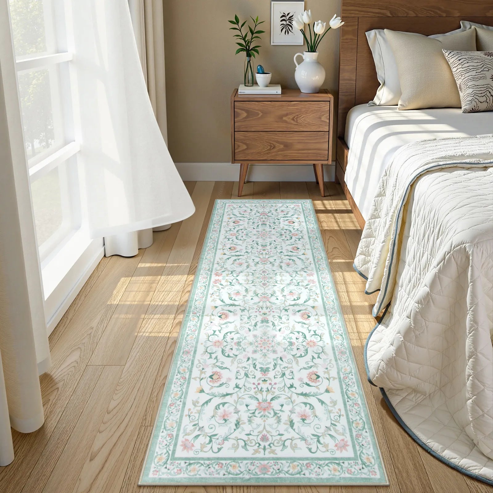 Lorevie Washable Boho vintage Garden Floral Green Rug Rugs Lahome 2' x 6'