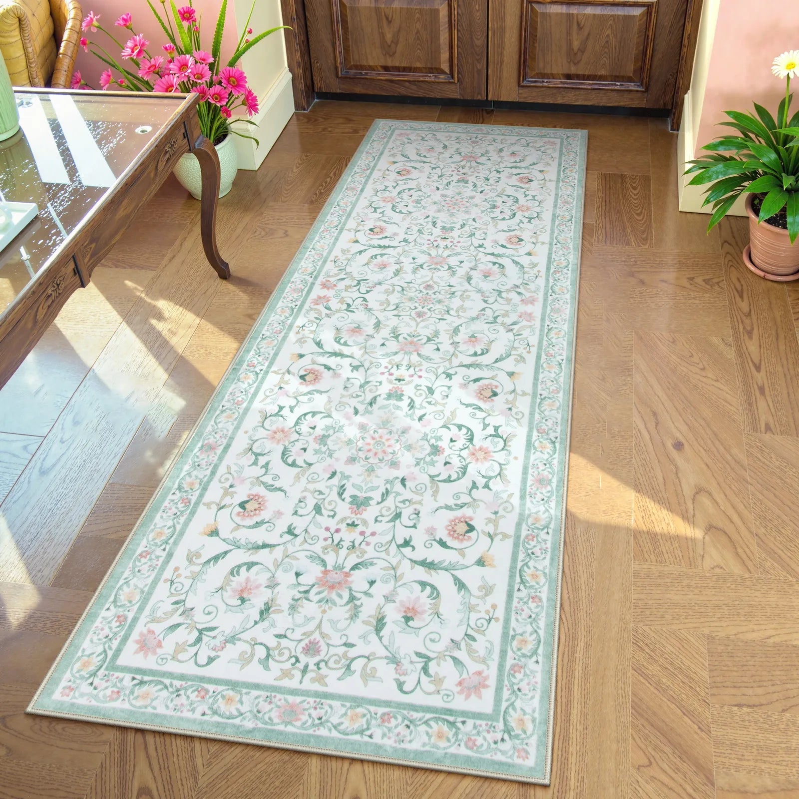 Lorevie Washable Boho vintage Garden Floral Green Rug Rugs Lahome