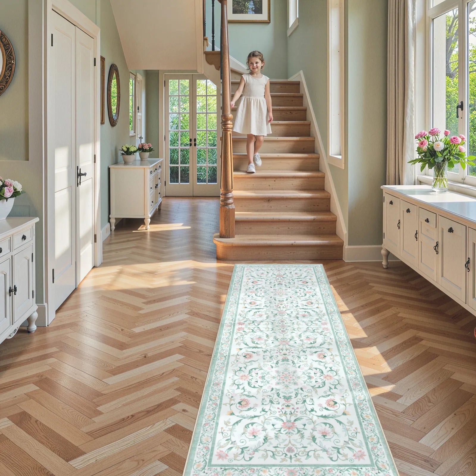 Lorevie Washable Boho vintage Garden Floral Green Rug Rugs Lahome