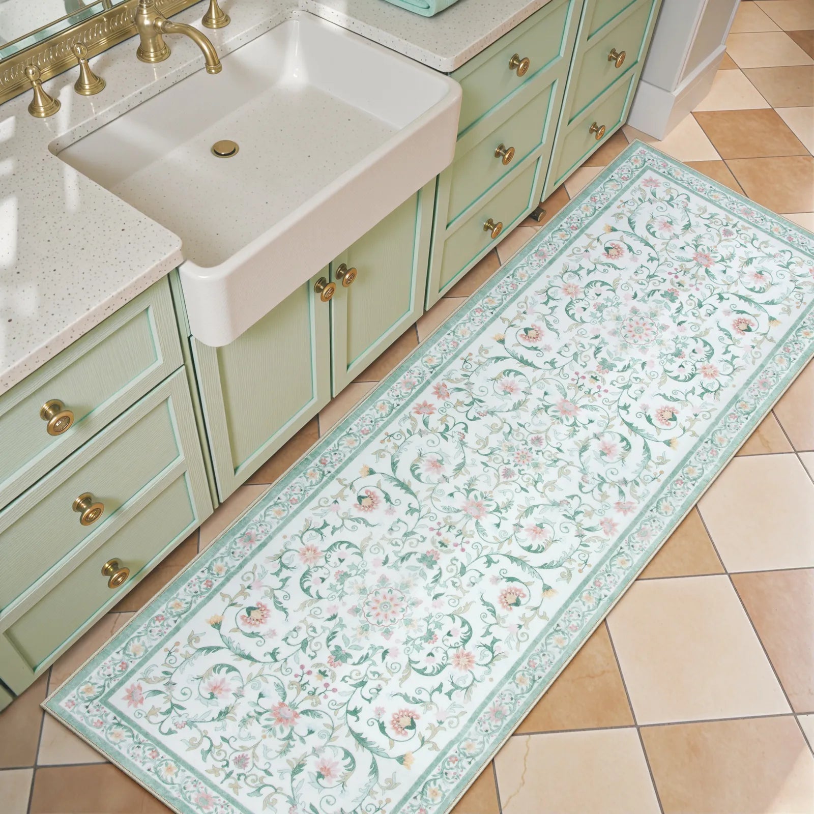 Lorevie Washable Boho vintage Garden Floral Green Rug Rugs Lahome