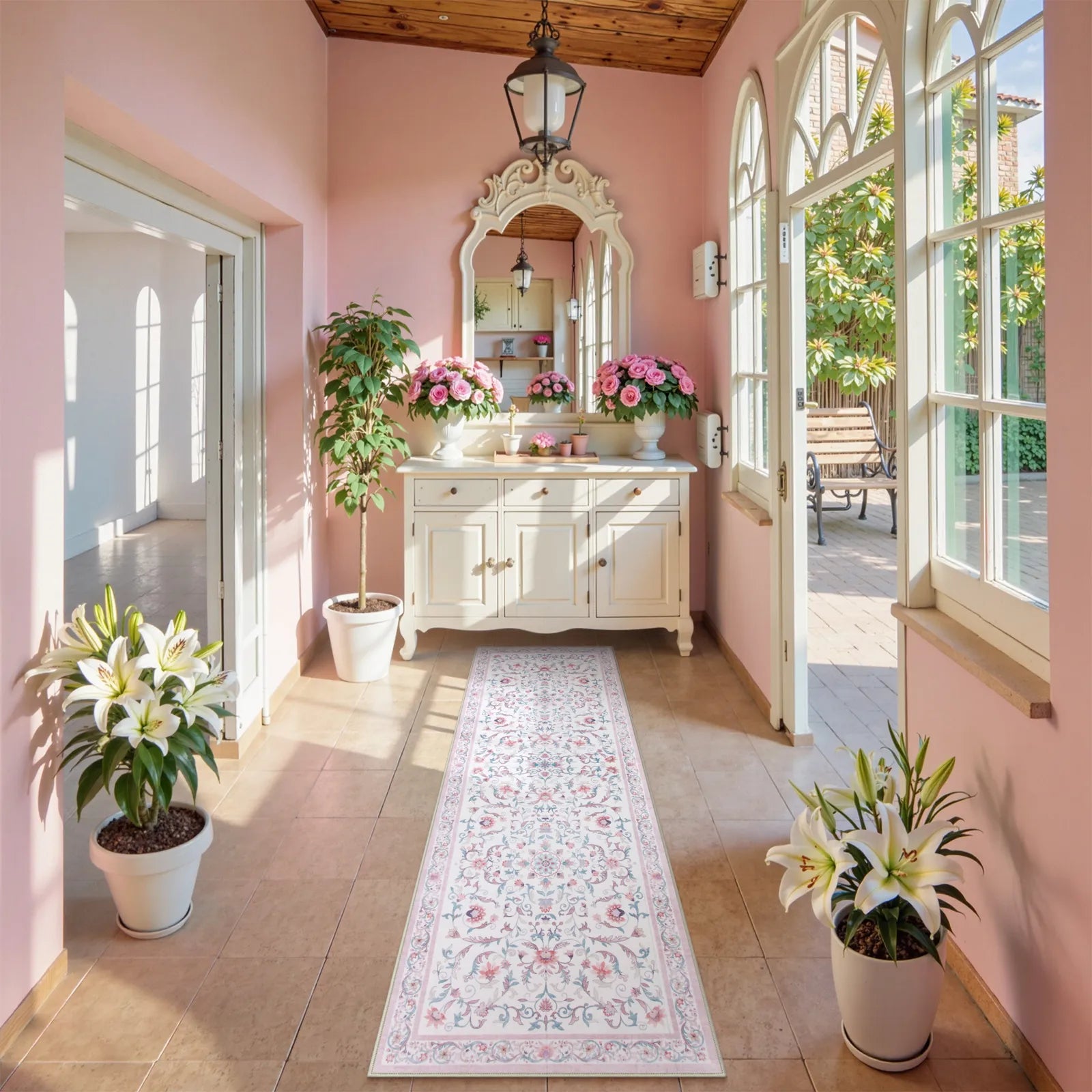 Lorevie Washable Boho vintage Garden Floral Pink Rug Rugs Lahome