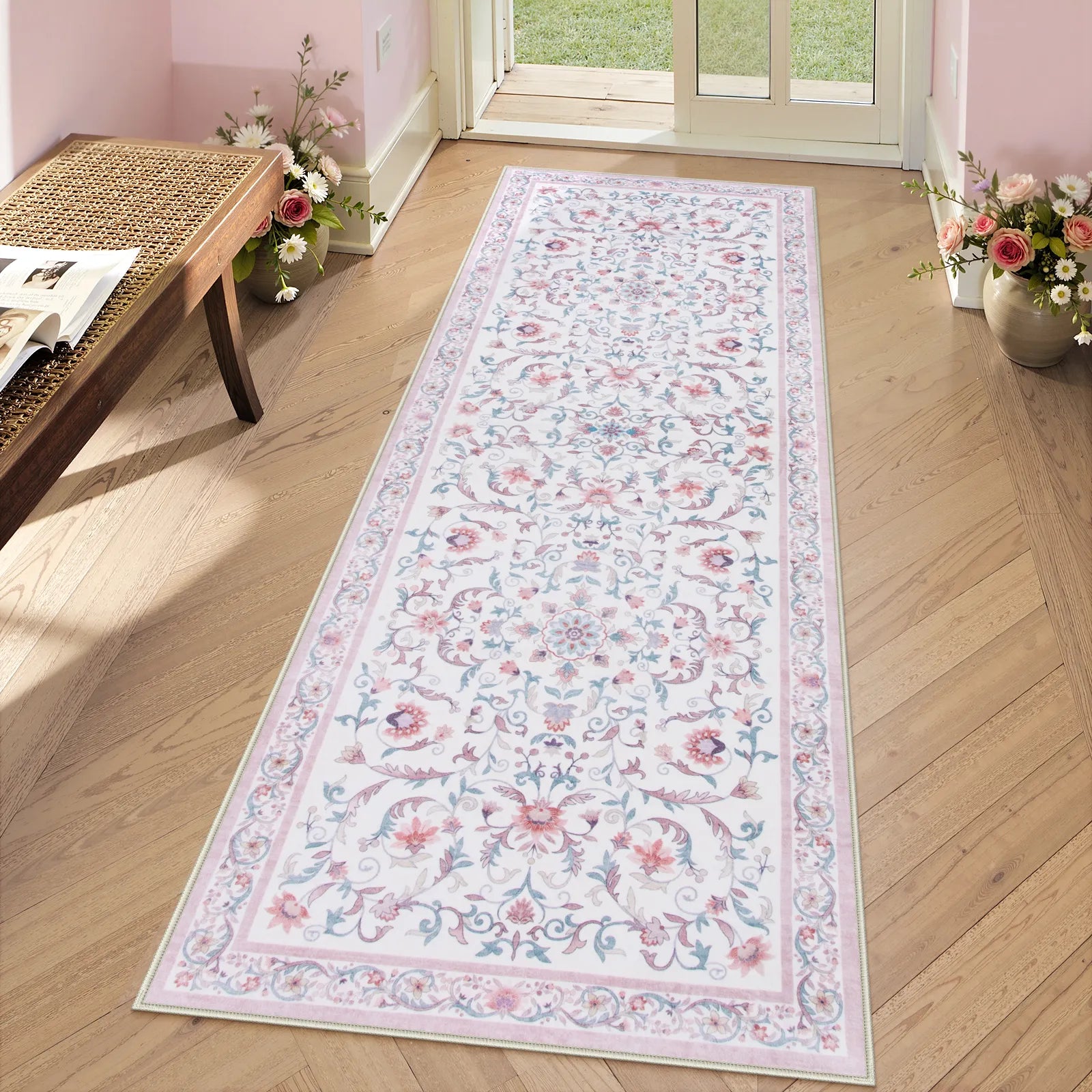 Lorevie Washable Boho vintage Garden Floral Pink Rug Rugs Lahome 2' x 6'
