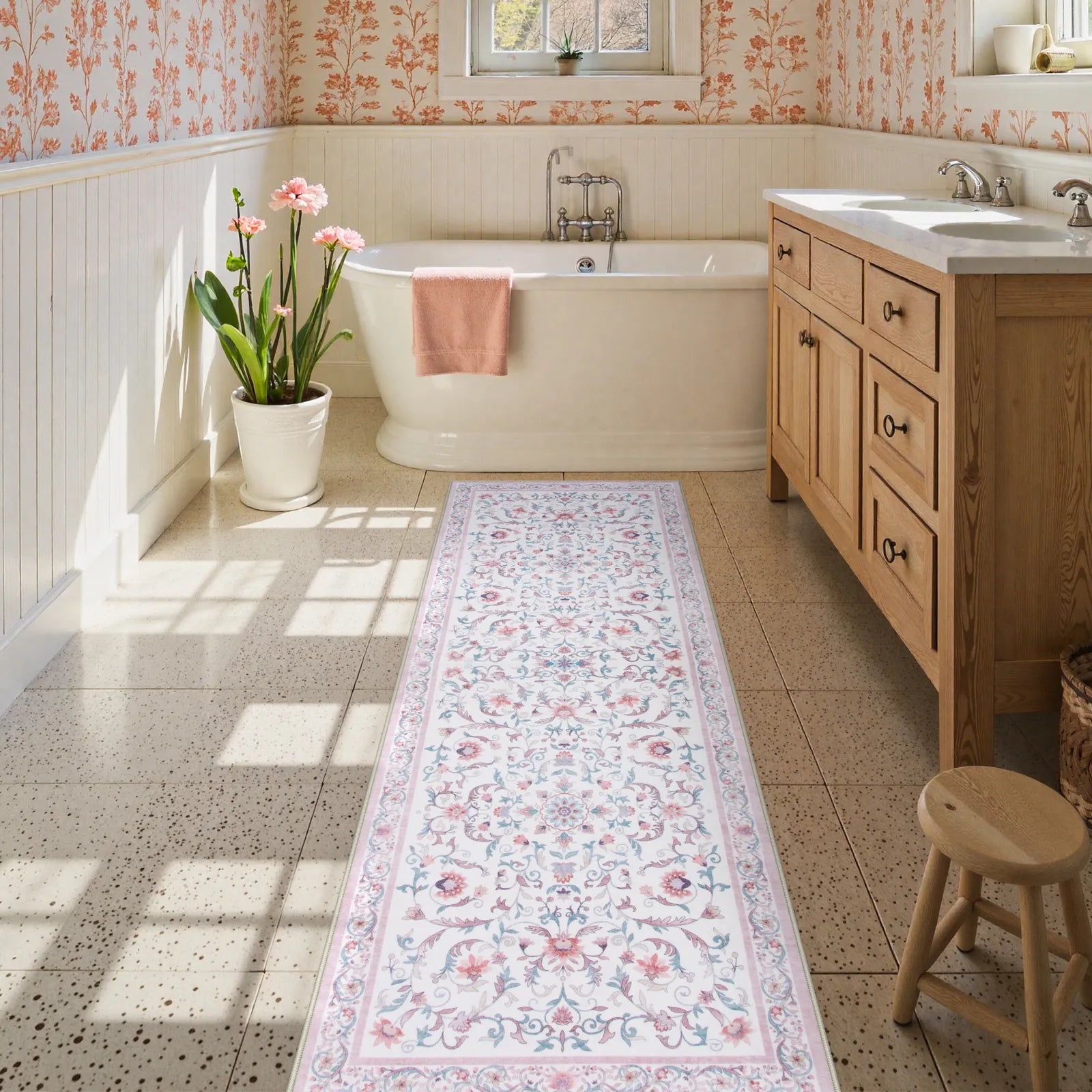 Lorevie Washable Boho vintage Garden Floral Pink Rug Rugs Lahome