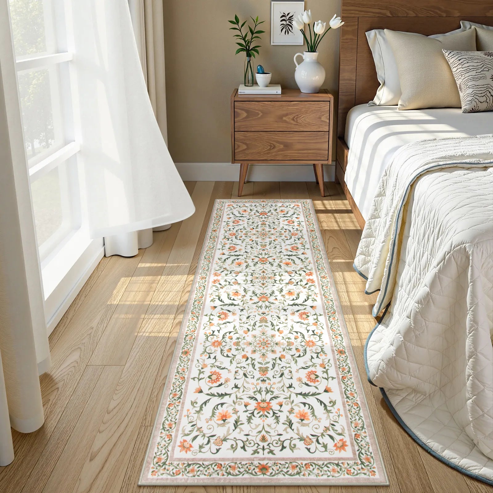 Lorevie Washable Boho vintage Garden Floral Beige Rug Rugs Lahome