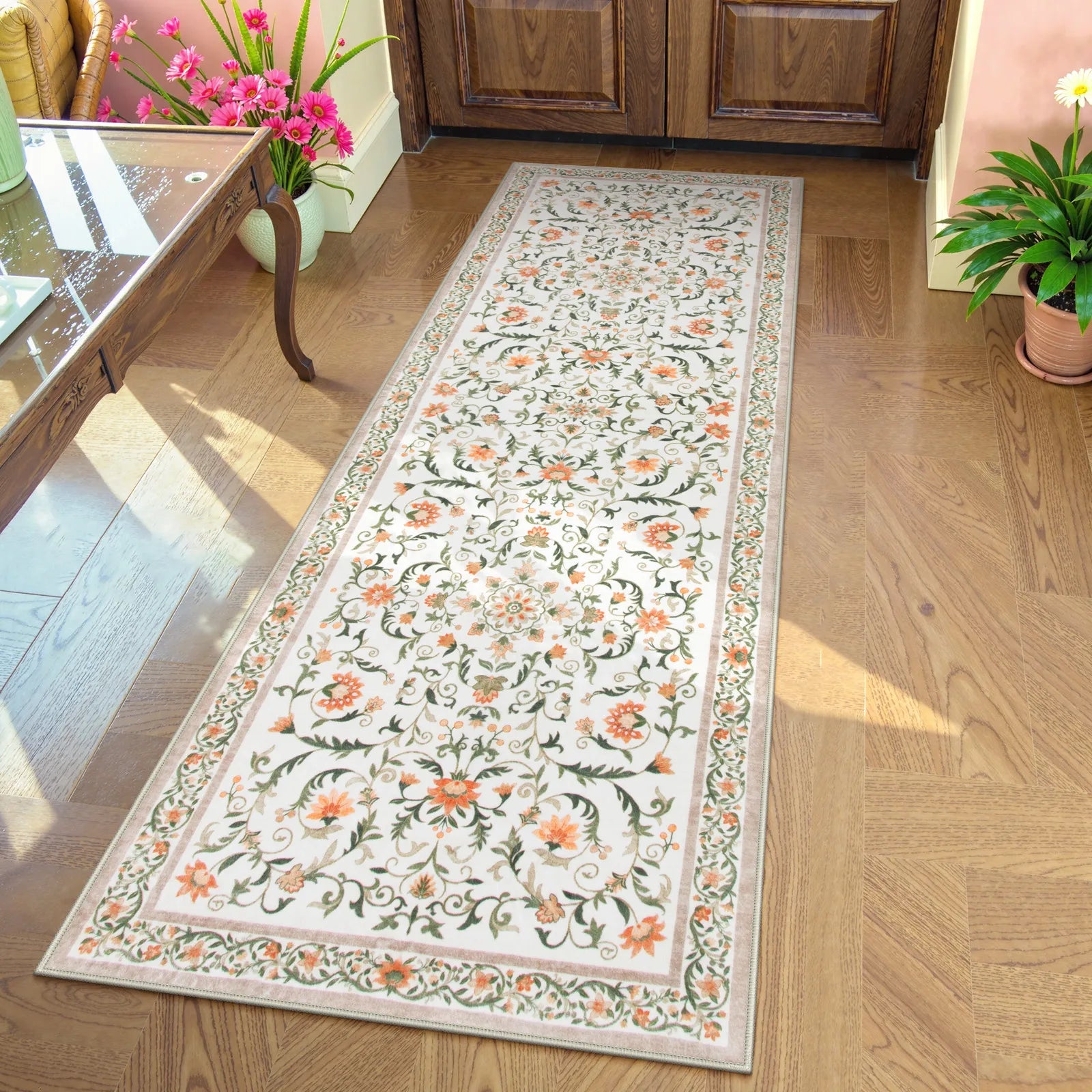 Lorevie Washable Boho vintage Garden Floral Beige Rug Rugs Lahome 2' x 6'