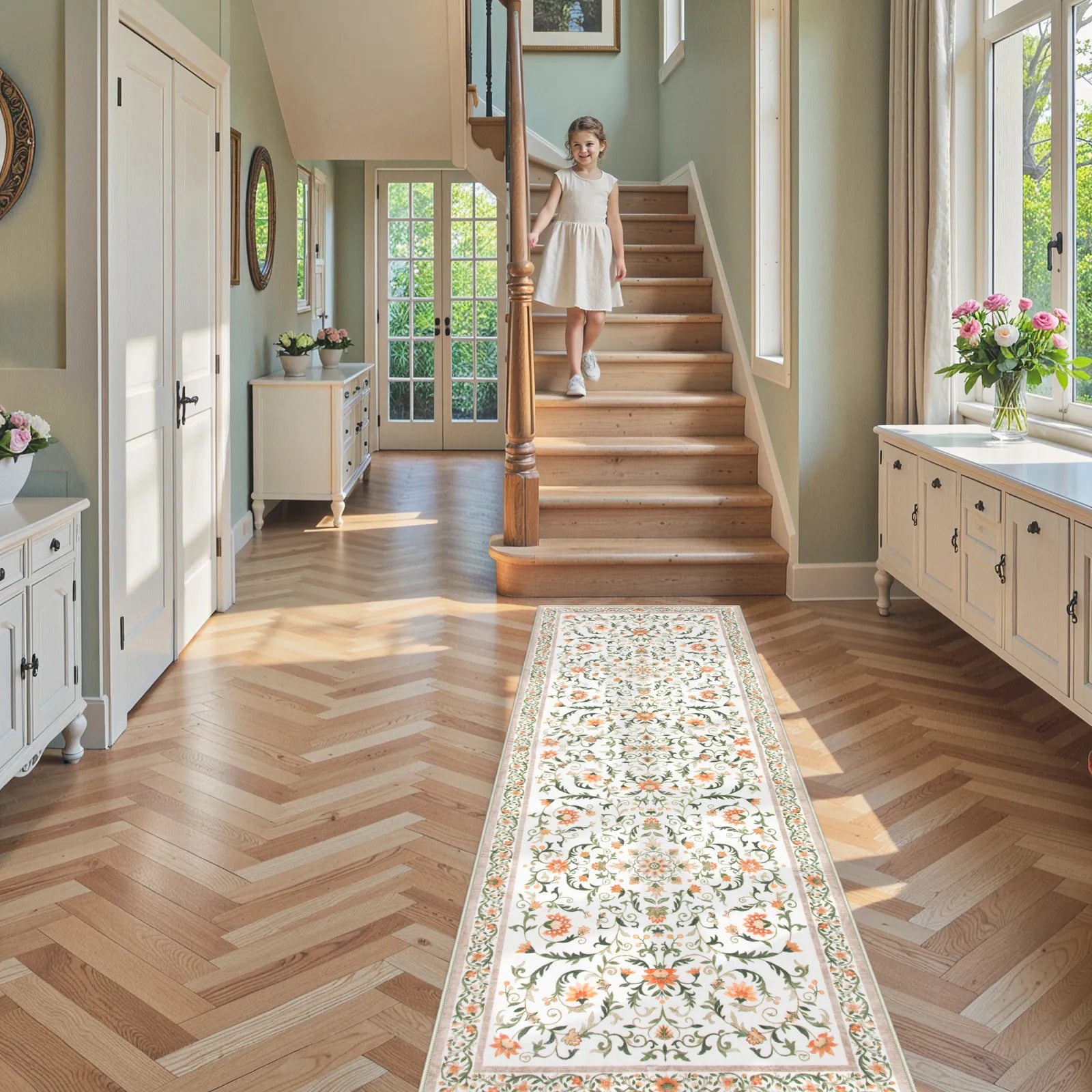 Lorevie Washable Boho vintage Garden Floral Beige Rug Rugs Lahome