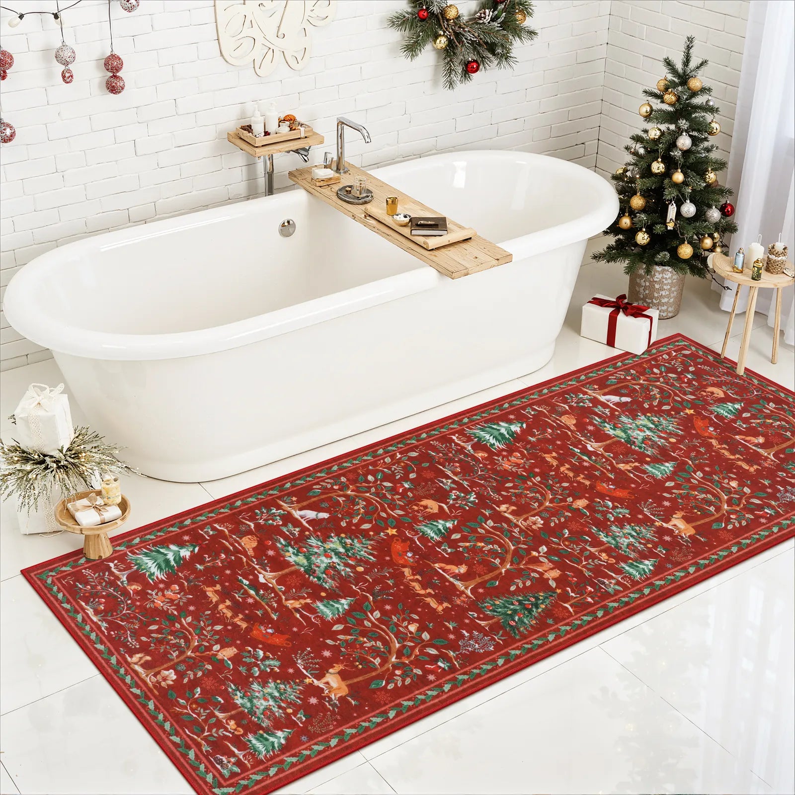 Lumiere Christmas Washable Classic Deer Woodland Red Rug Area Rugs Lahome
