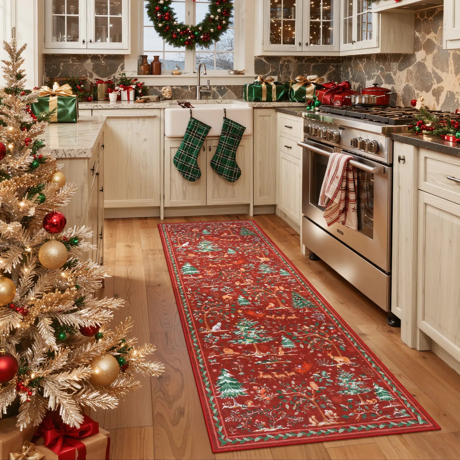 Lumiere Christmas Washable Classic Deer Woodland Red Rug Area Rugs Lahome