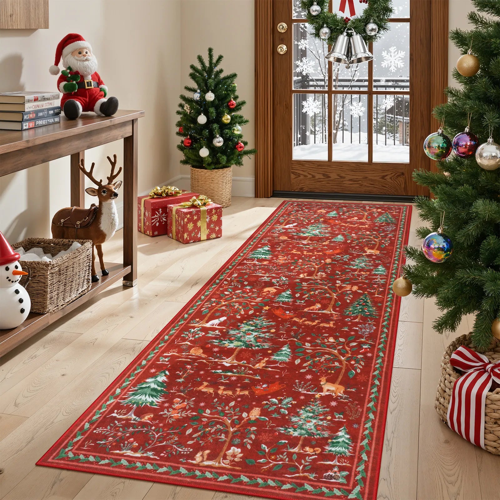 Lumiere Christmas Washable Classic Deer Woodland Red Rug Area Rugs Lahome 2' x 6'