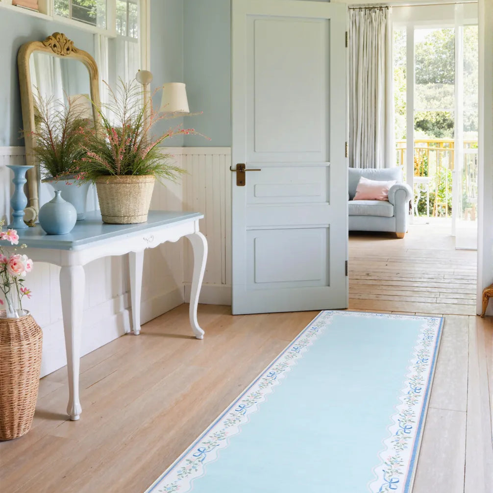 Maelis Washable Vintage Ribbon Blue Rug Rugs Lahome