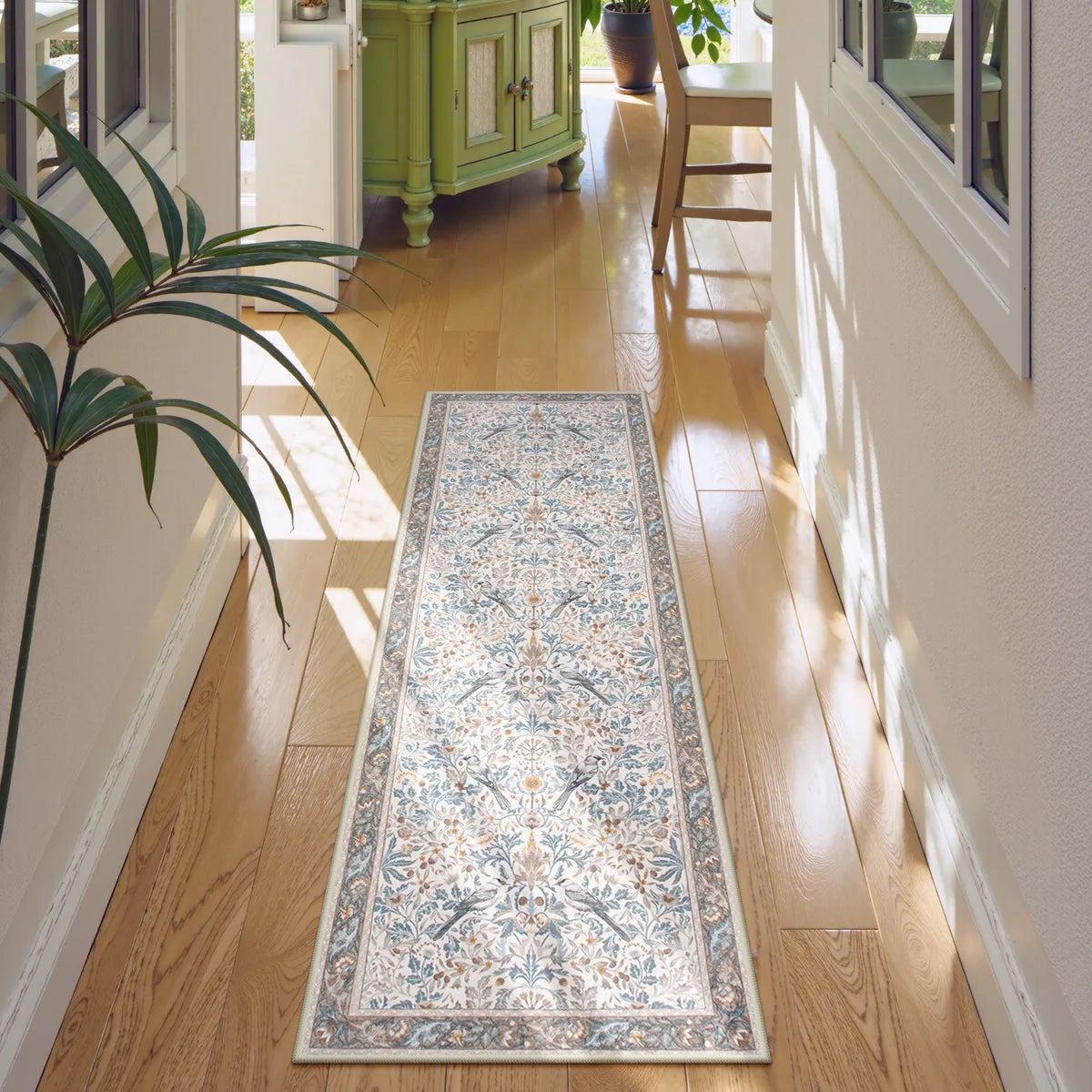 Marcel Washable Vintage Floral Bird Beige Green Rug Rugs Lahome 2' x 6'