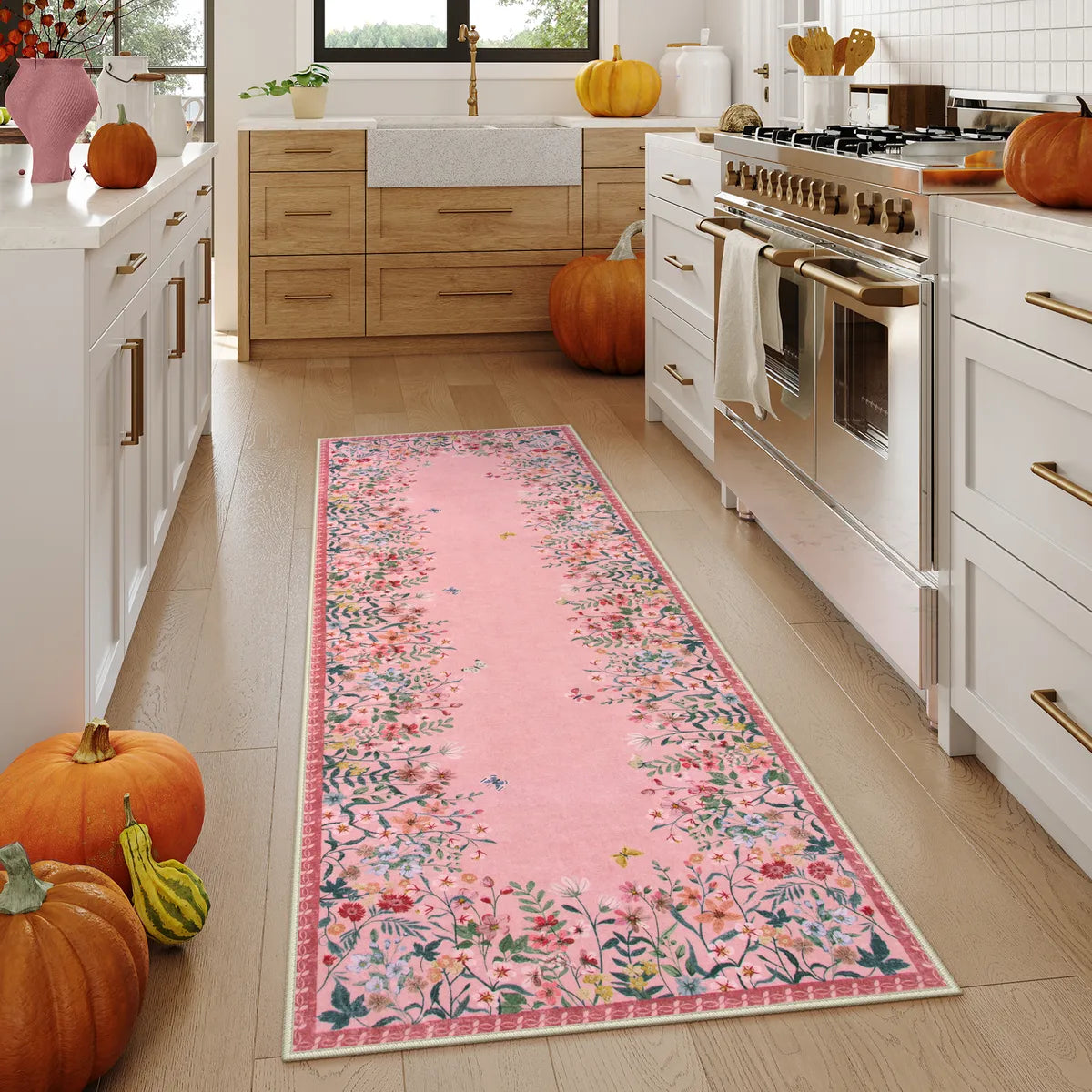 Clearance Solene Washable Modern Blooming Floral Garden Pink Rug Clearance Rugs Lahome