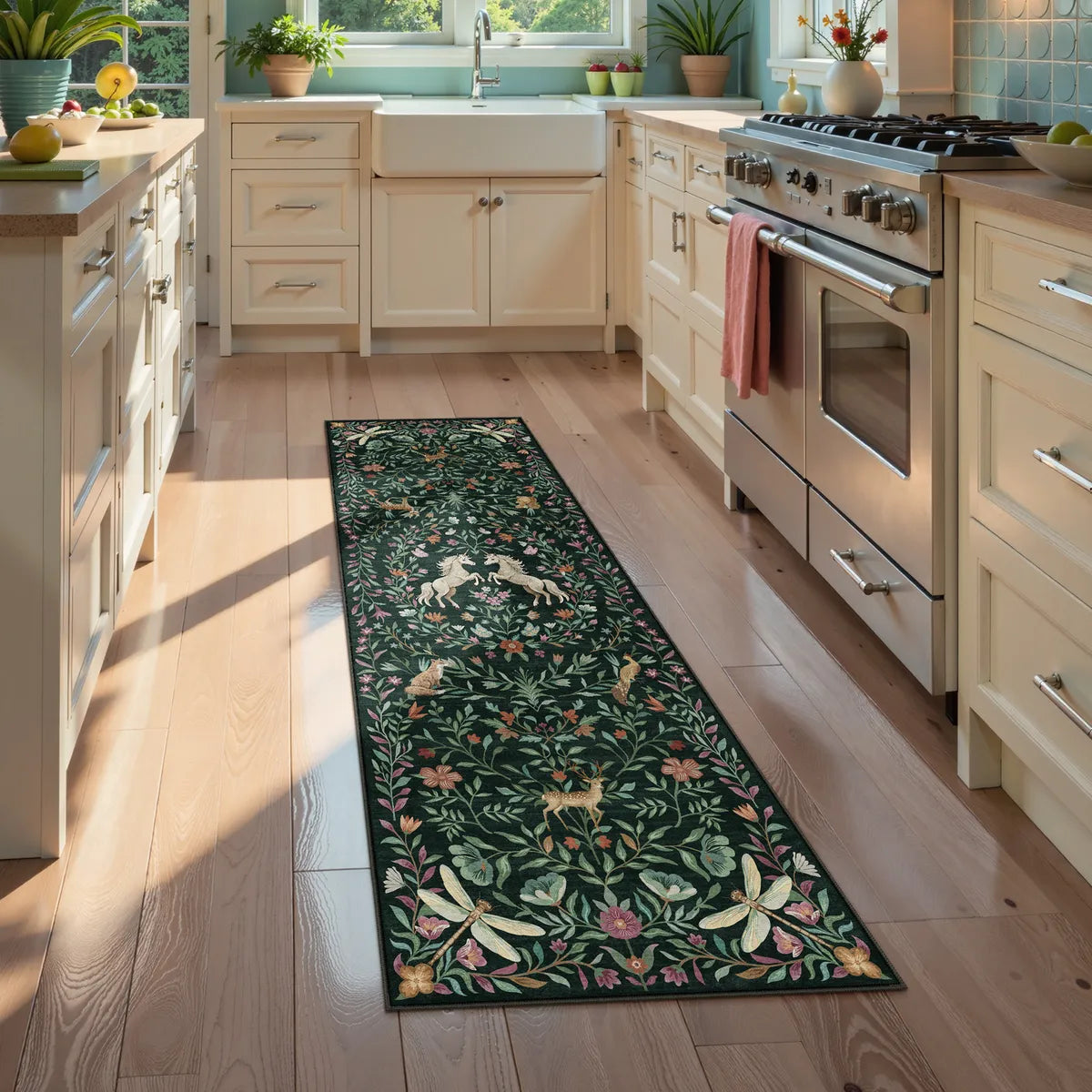 Myrrha Washable Fantasy Garden and Unicorn Dark Green Rug Area Rugs Lahome 2' x 6'