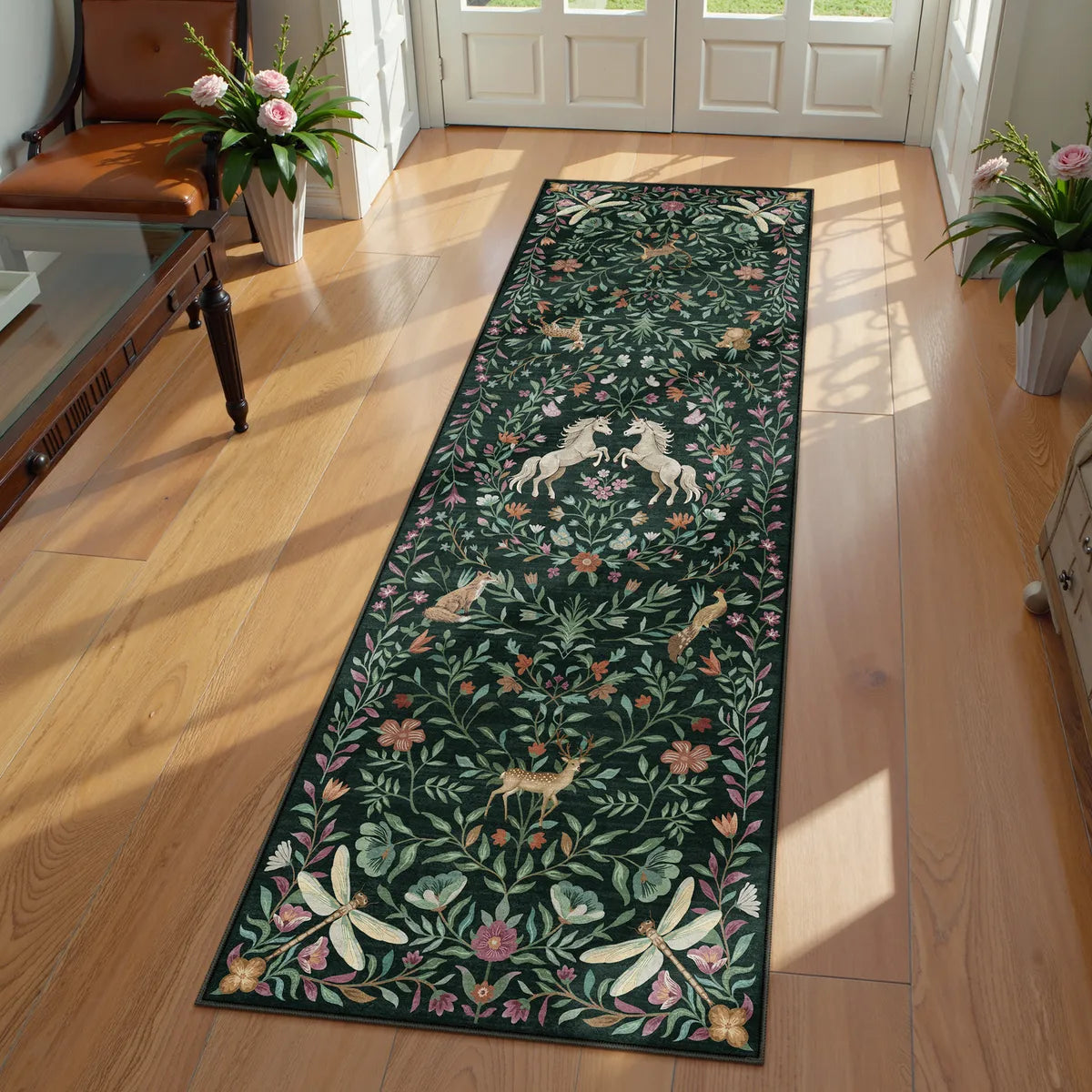 Myrrha Washable Fantasy Garden and Unicorn Dark Green Rug Area Rugs Lahome