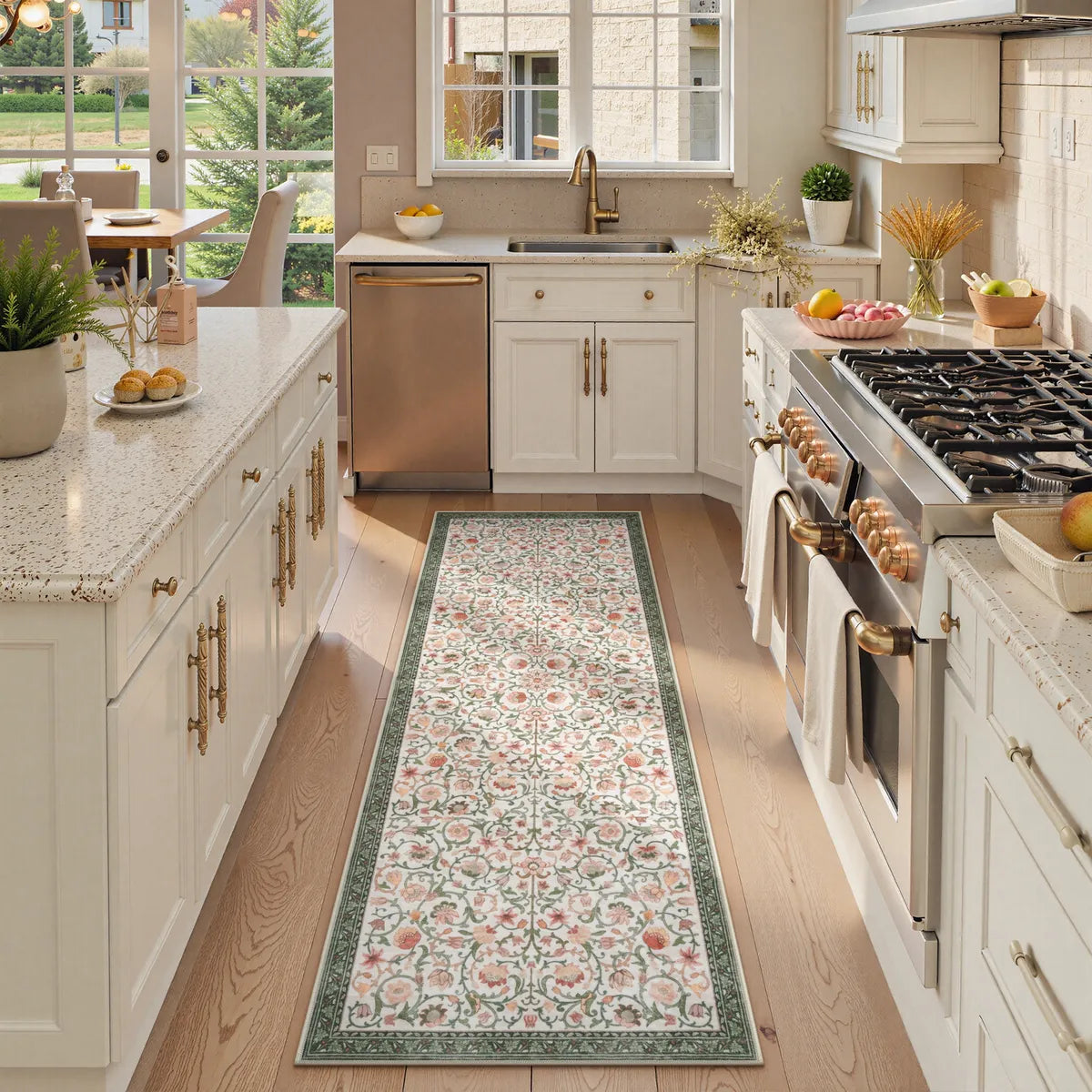 Savarin Washable Vintage Floral Ivory/Green Rug Runner Rugs Lahome 2' x 6'