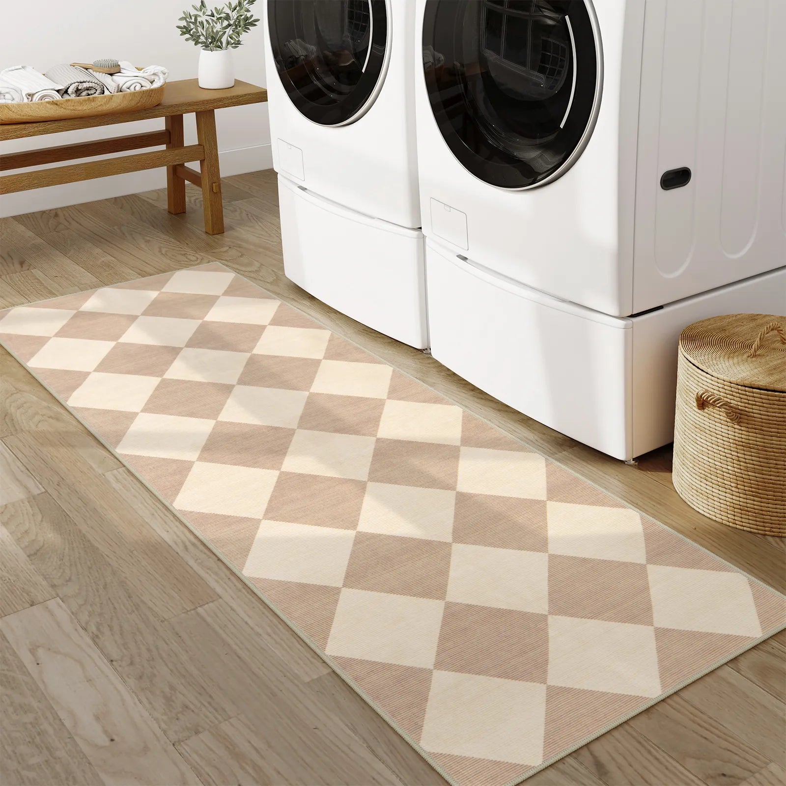 Varell Washable Modern Geometric Checkered Beige Rug Rugs Lahome
