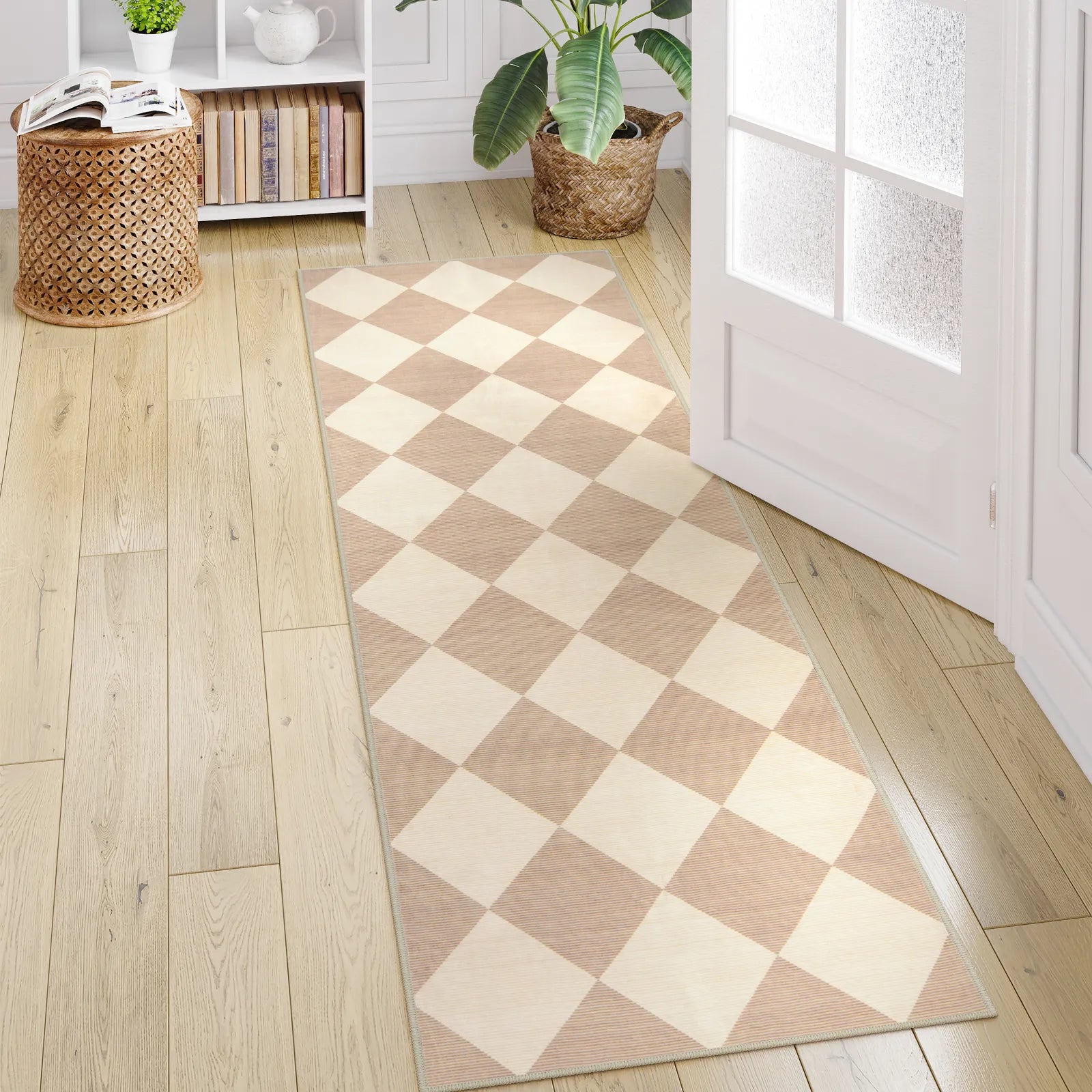 Varell Washable Modern Geometric Checkered Beige Rug Rugs Lahome 2' x 6'