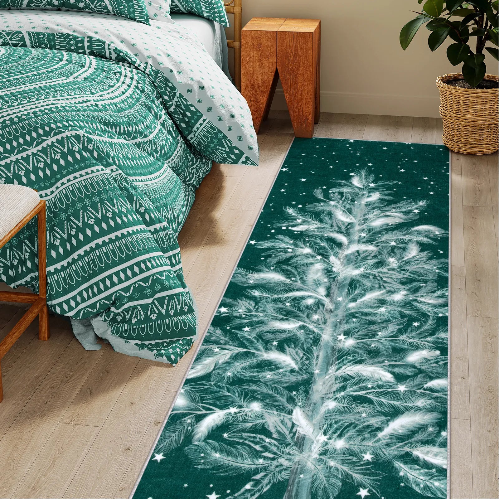 Velours Christmas Washable Tree and Snowflake Green Rug Area Rugs Lahome
