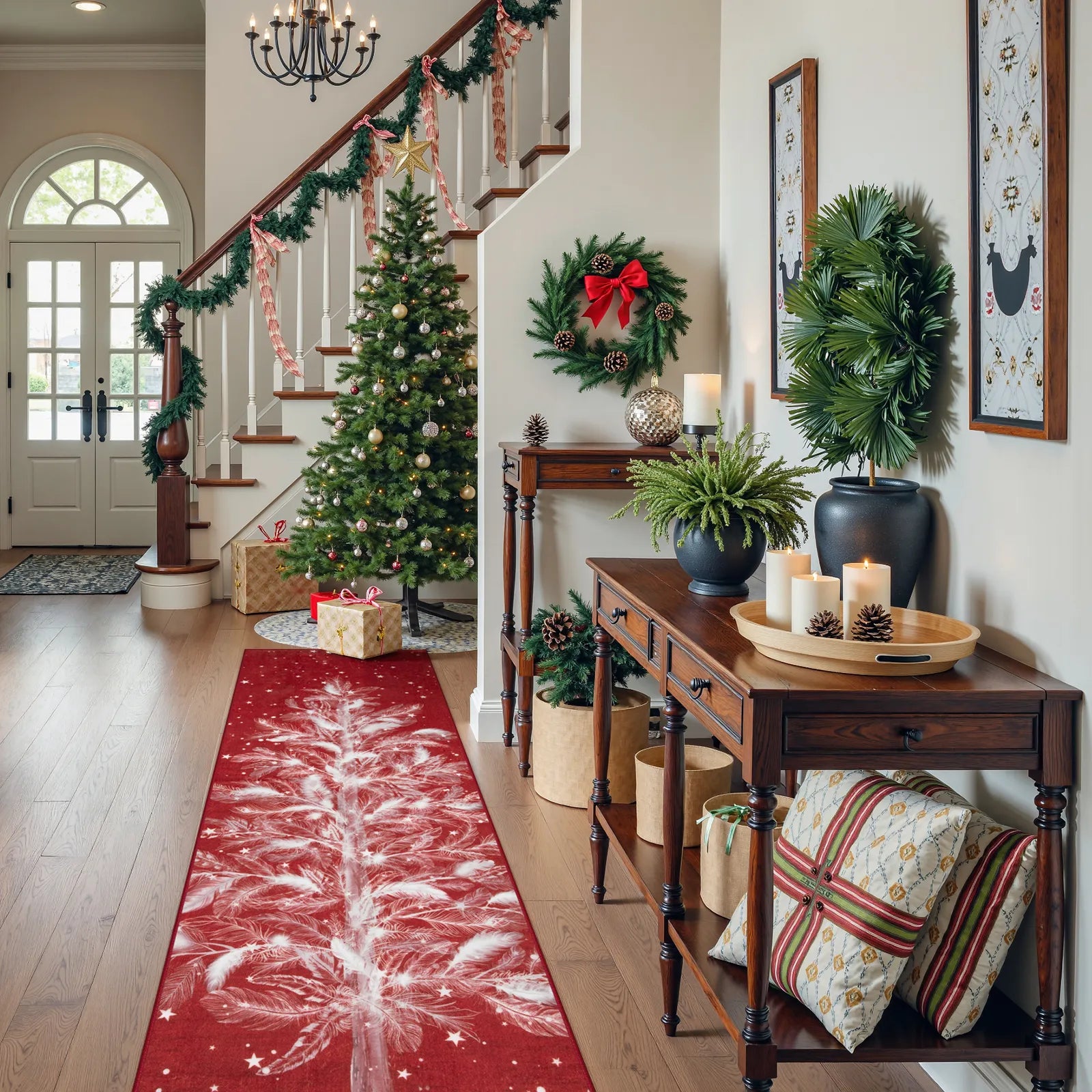 Velours Christmas Washable Tree and Snowflake Red Rug Area Rugs Lahome