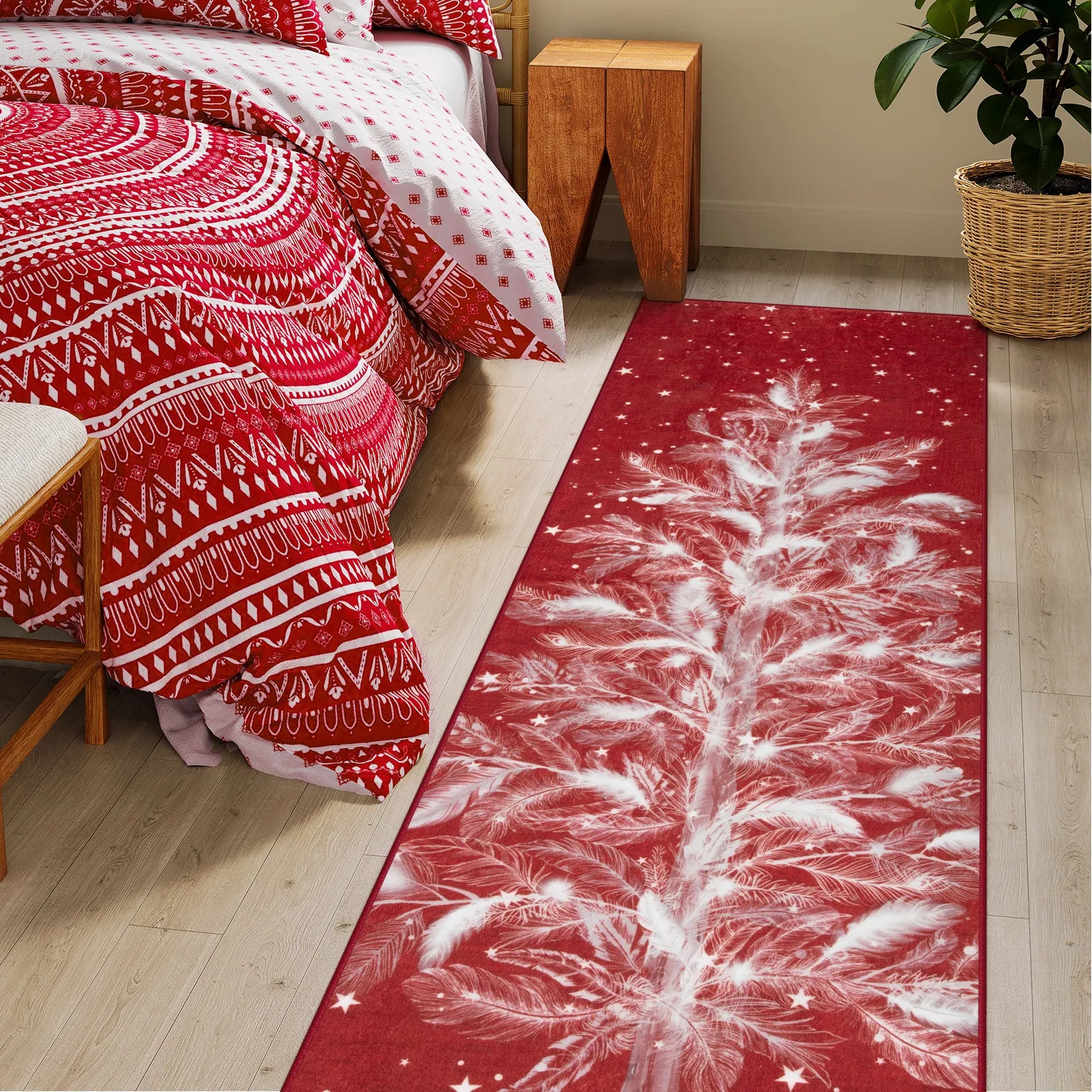 Velours Christmas Washable Tree and Snowflake Red Rug Area Rugs Lahome