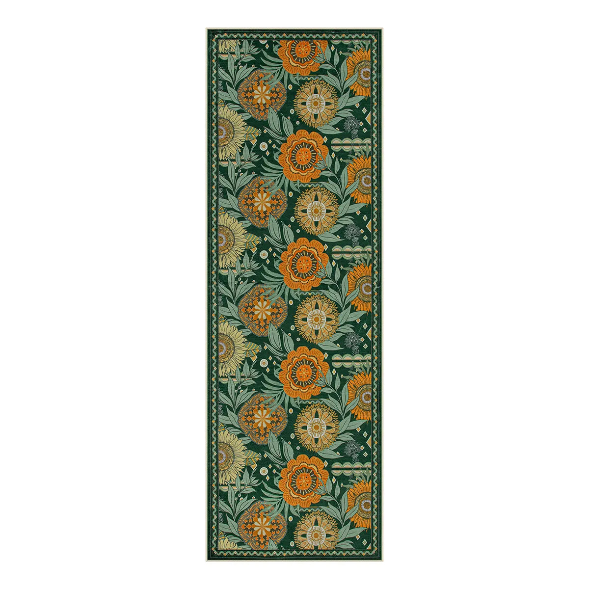 Amelie Washable Vintage Sunflower Floral Green Runner Rug Area Rugs Lahome
