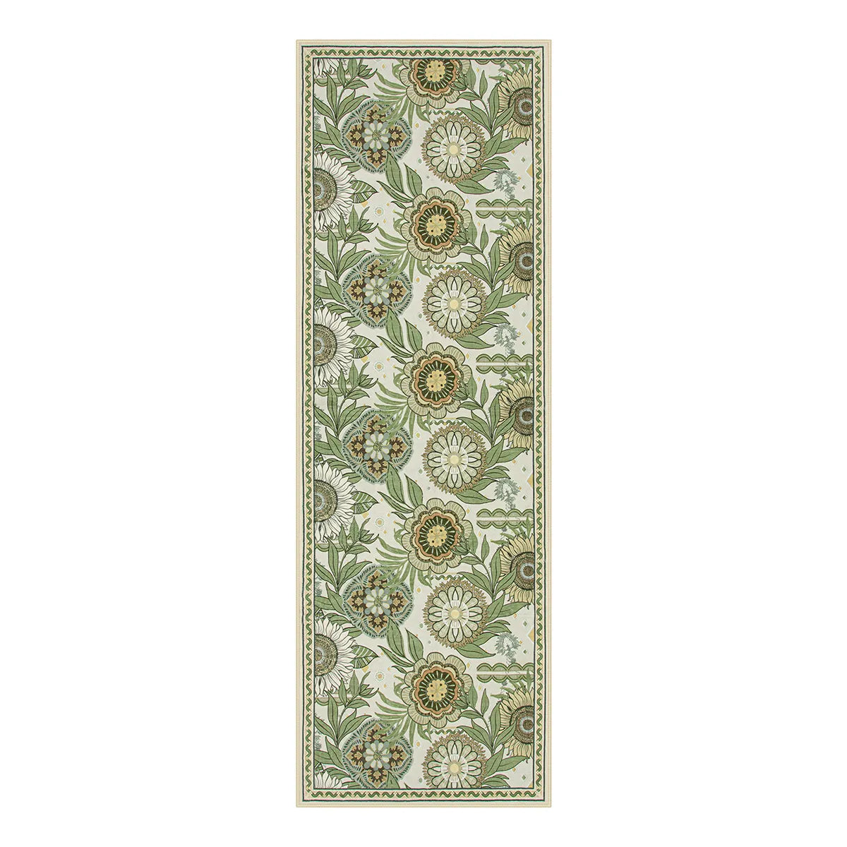 Amelie Washable Vintage Sunflower Floral Green/White Runner Rug Area Rugs Lahome