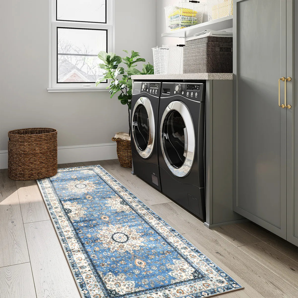 Alodie Washable Distressed Oriental Floral Medallion Blue Area Rug Clearance Rugs Lahome