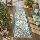Glace Christmas Washable Tree and Reindeer Green/Beige Rug Area Rugs Lahome 2' x 6'