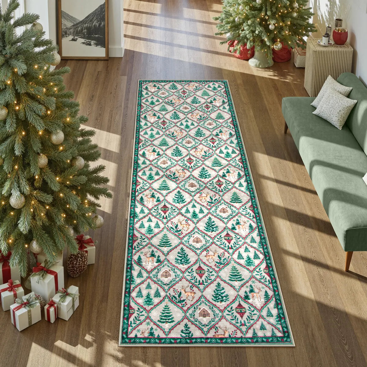 Glace Christmas Washable Tree and Reindeer Green/Beige Rug Area Rugs Lahome 2' x 6'