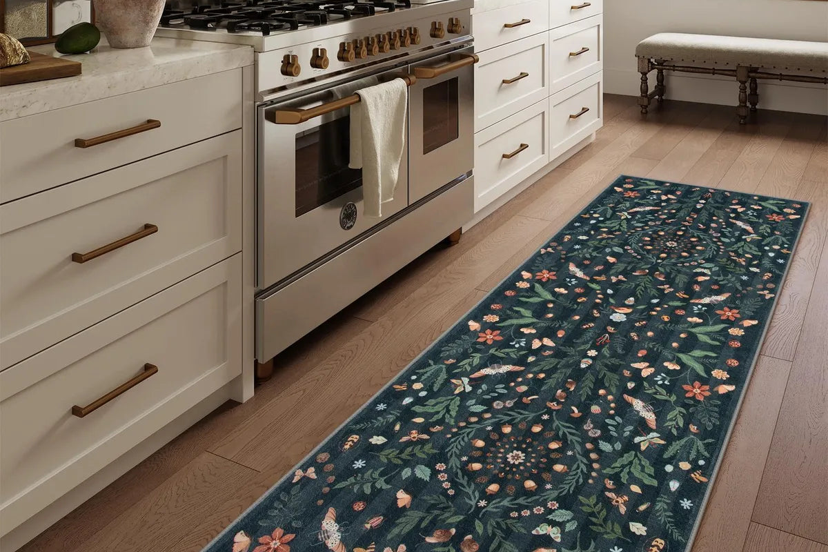 Chloe Washable Boho Insect Botanical Floral Black Runner Rug Area Rugs Lahome