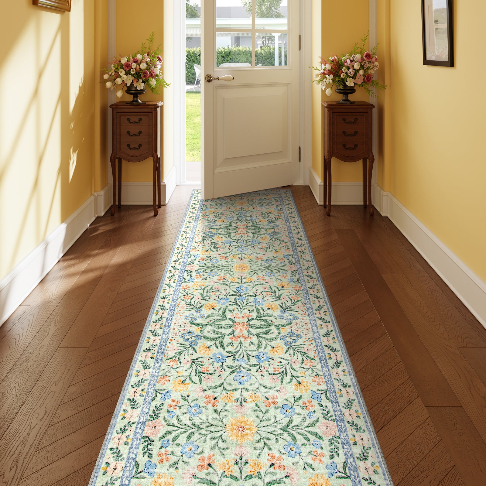 Sylvie Washable Boho Modern Parisian Garden Floral Green Rug Area Rugs Lahome