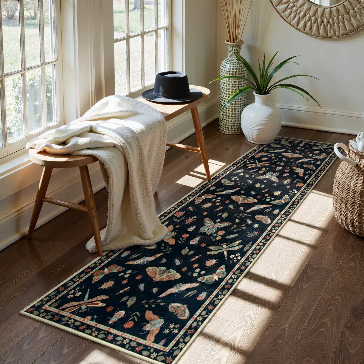 Vionnet Washable Modern Parisian Insect Black Rug Rugs Lahome 2' x 6'