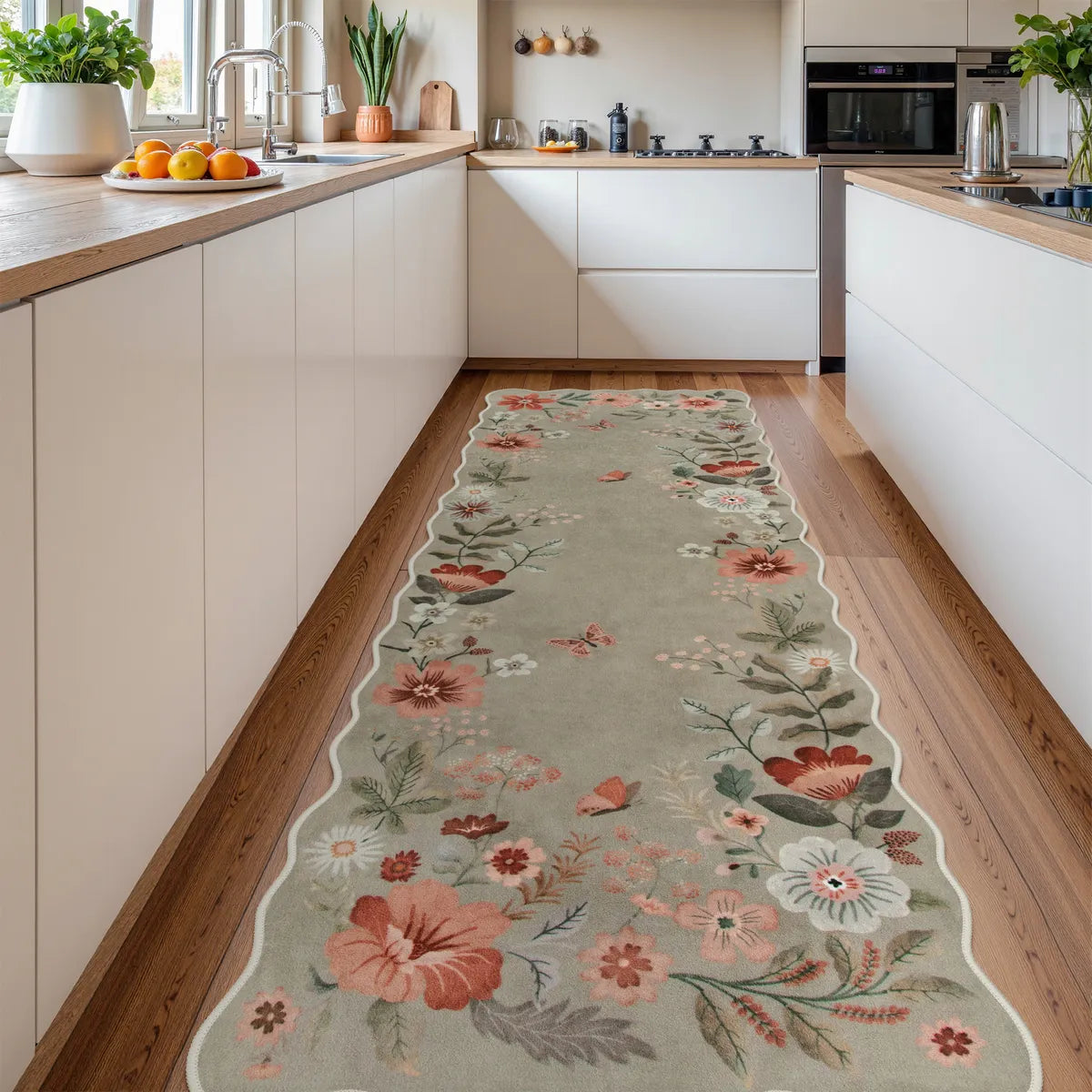 Flore Washable Boho Modern Parisian Floral Scalloped Brown Rug Area Rugs Lahome 2' x 6'