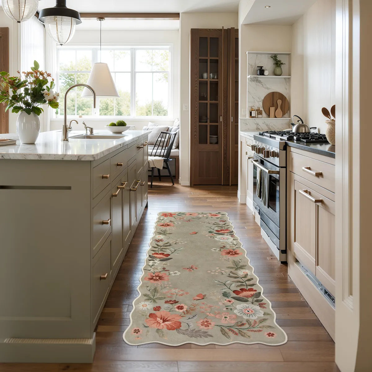 Flore Washable Boho Modern Parisian Floral Scalloped Brown Rug Area Rugs Lahome