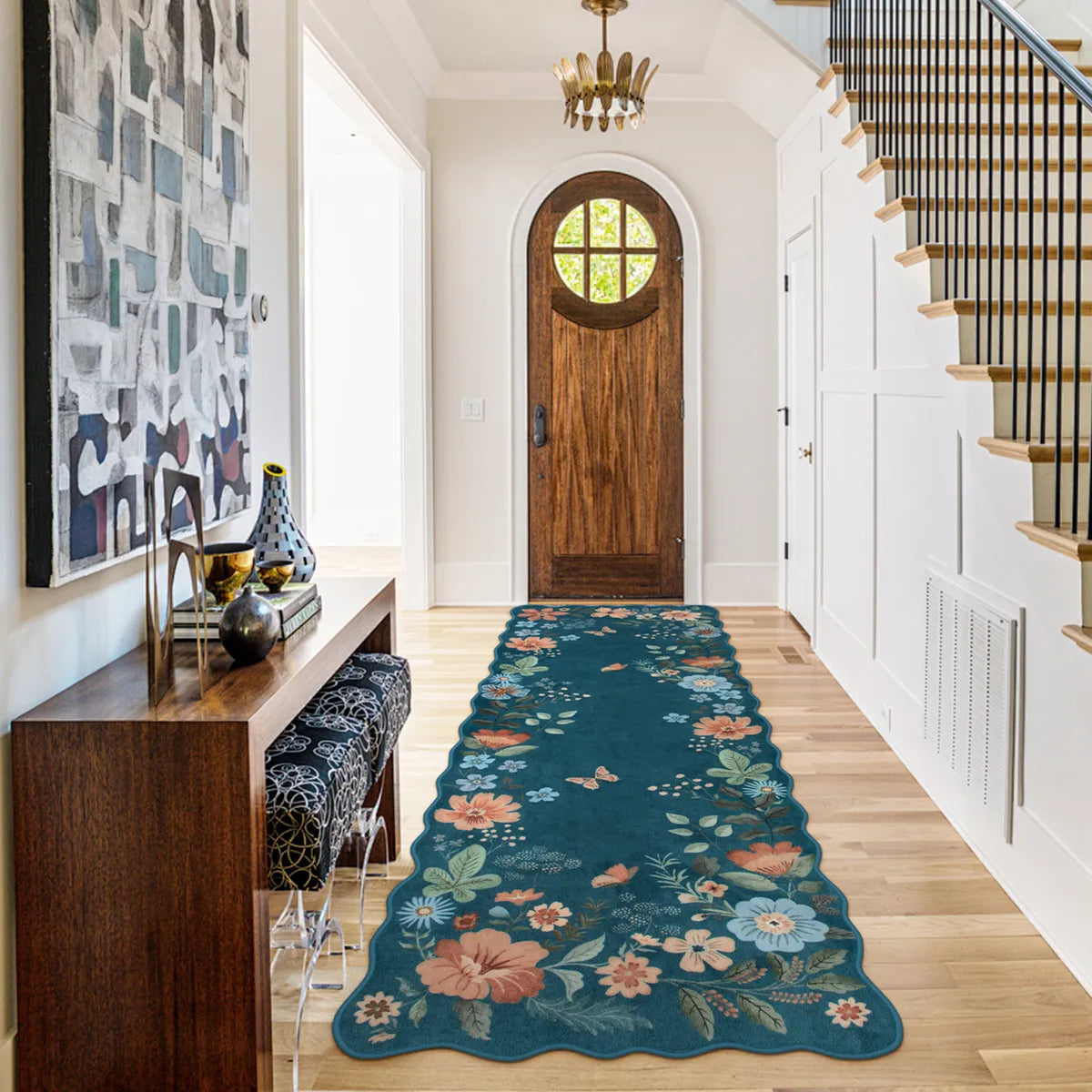 Flore Washable Boho Modern Parisian Floral Scalloped Navy Blue Rug Area Rugs Lahome 2' x 6'