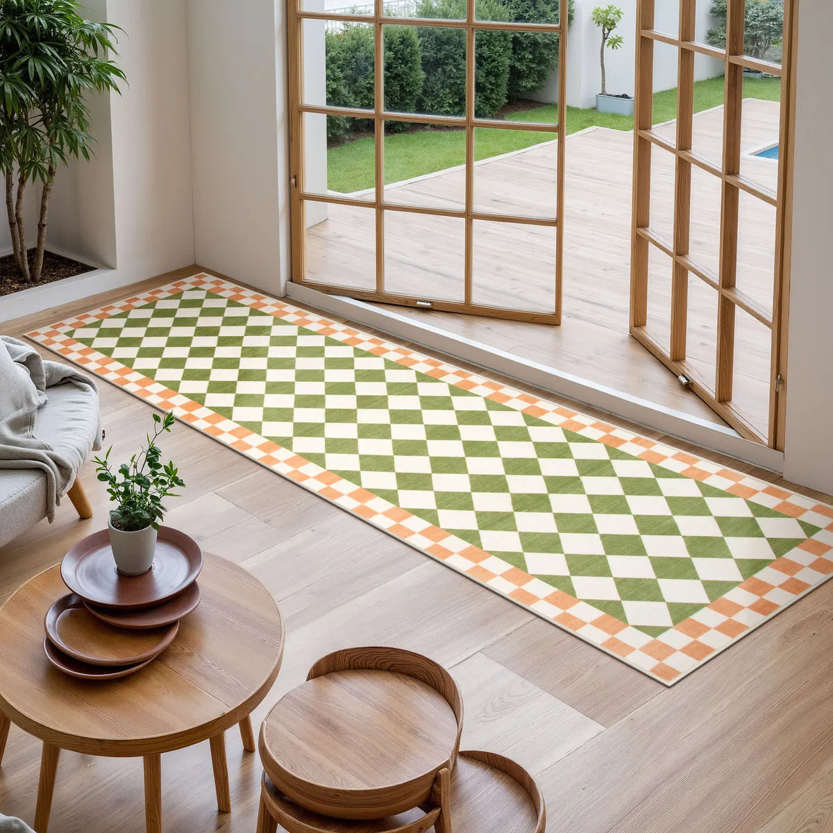 Virginie Washable Modern Checkerboard Green/Orange Rug Rugs Lahome 2' x 7'