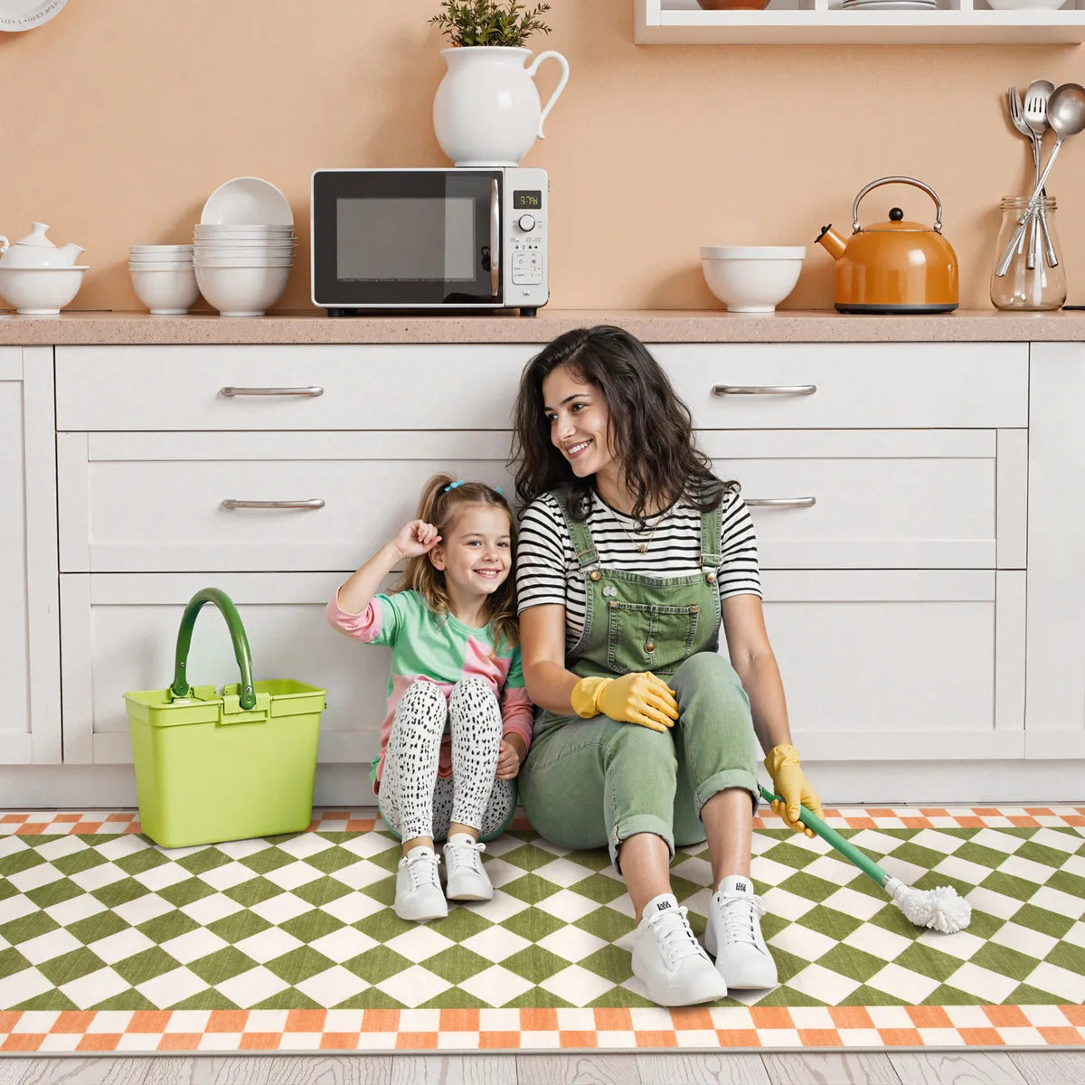 Virginie Washable Modern Checkerboard Green/Orange Rug Rugs Lahome