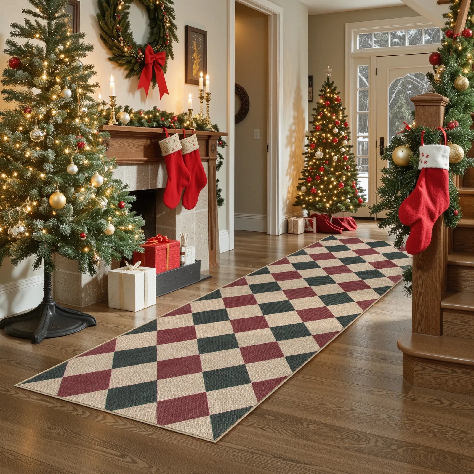 Coline Christmas Diamond Checkered Easy Jute Red&Green Rug Easy Jute Rug Lahome