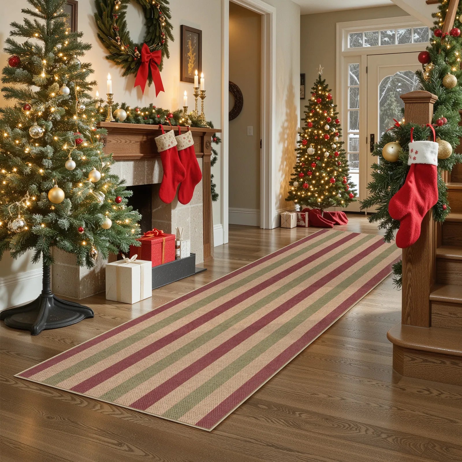 Elance Christmas Washable Easy Jute Wide Striped Red&Green Rug Easy Jute Rug Lahome