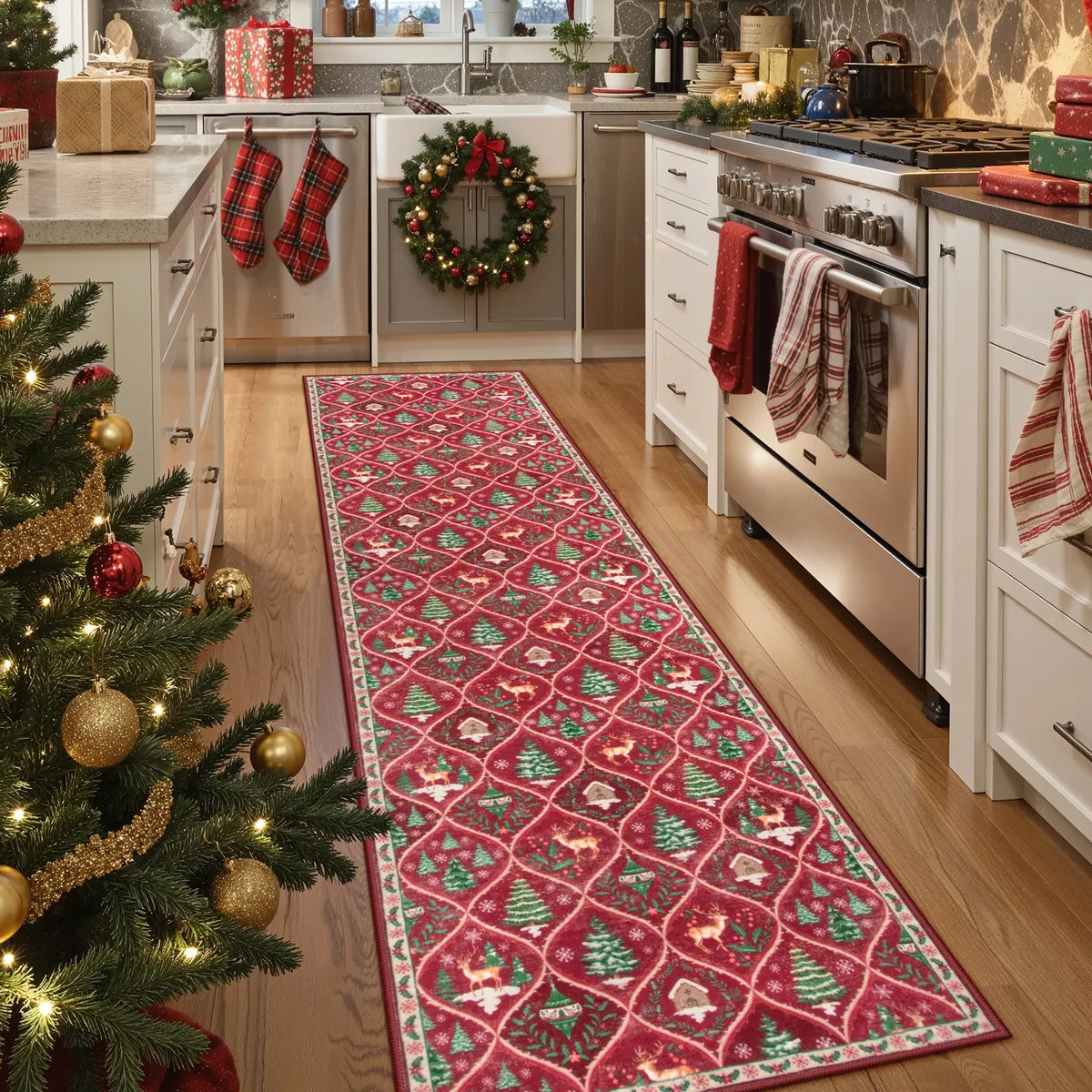 Glace Christmas Washable Tree and Reindeer Red Rug Area Rugs Lahome 2' x 8'