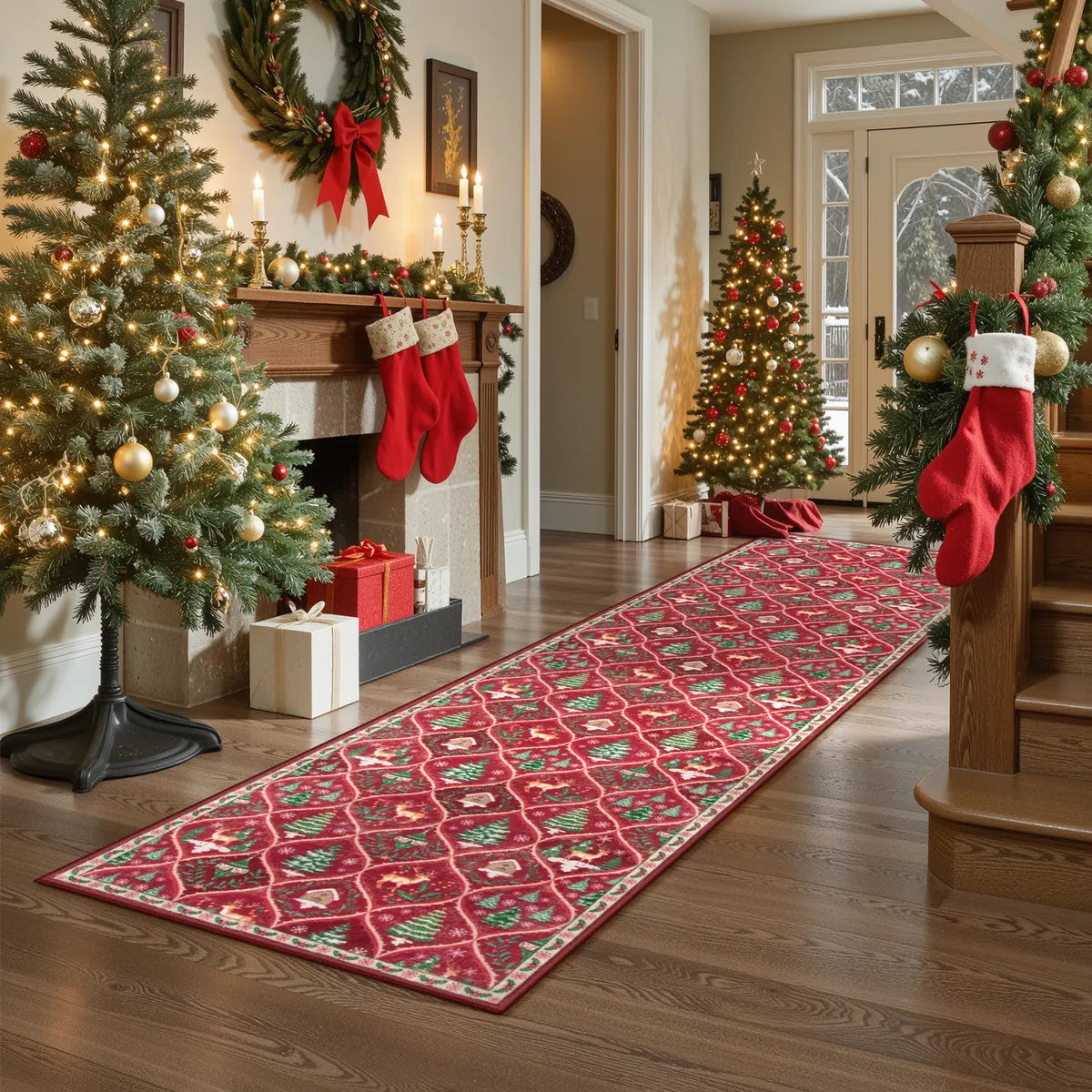 Glace Christmas Washable Tree and Reindeer Red Rug Area Rugs Lahome