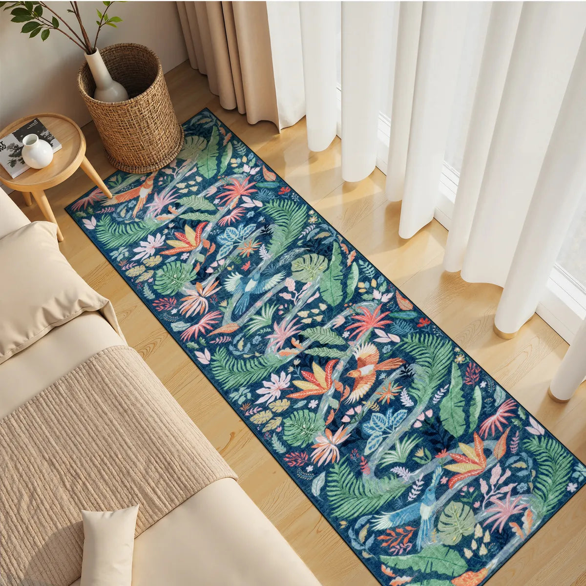 Avelie Washable Modern Tropical Bird Blue Runner Rug Area Rugs Lahome