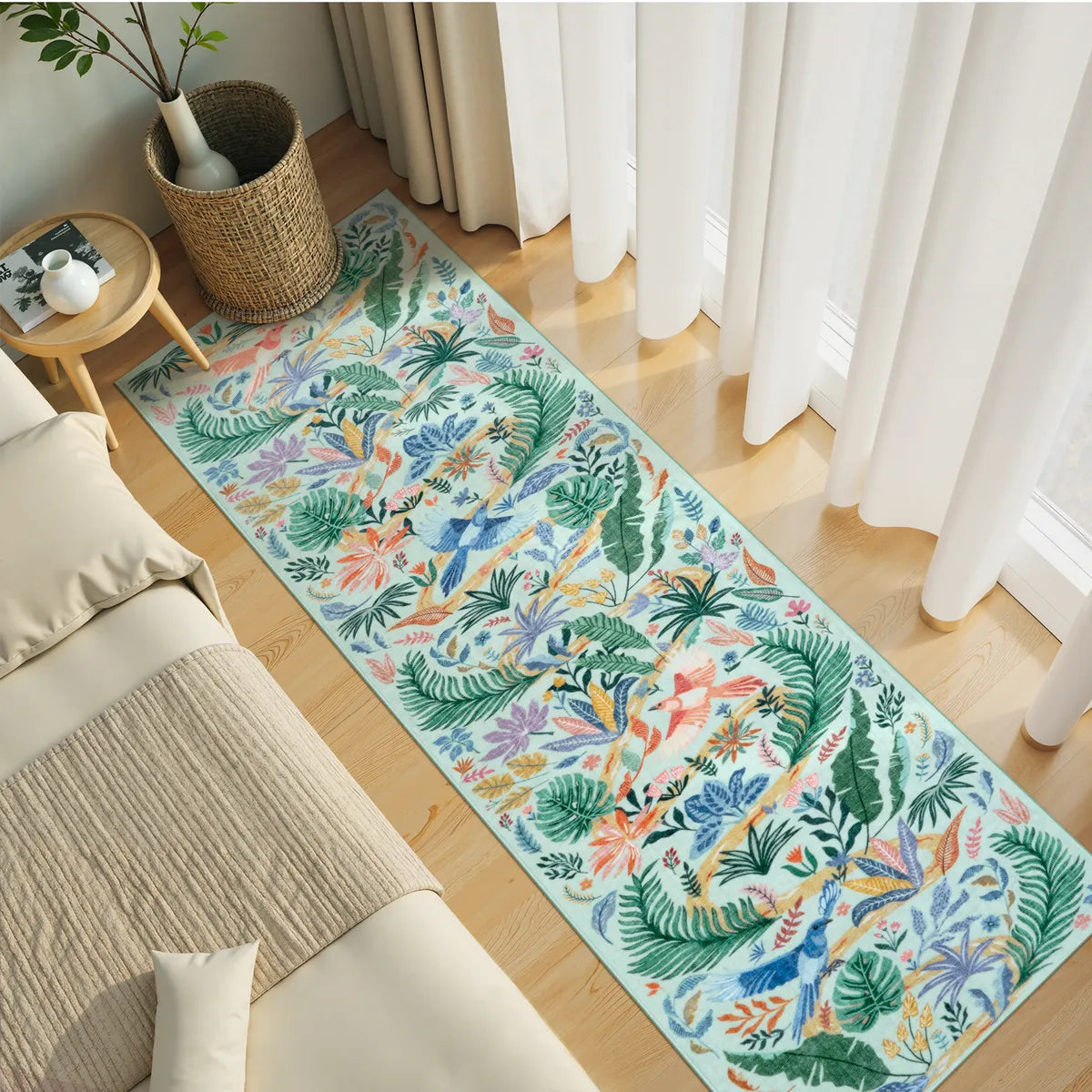 Lahome Washable Modern Tropical Bird Green Runner Rug for hallway