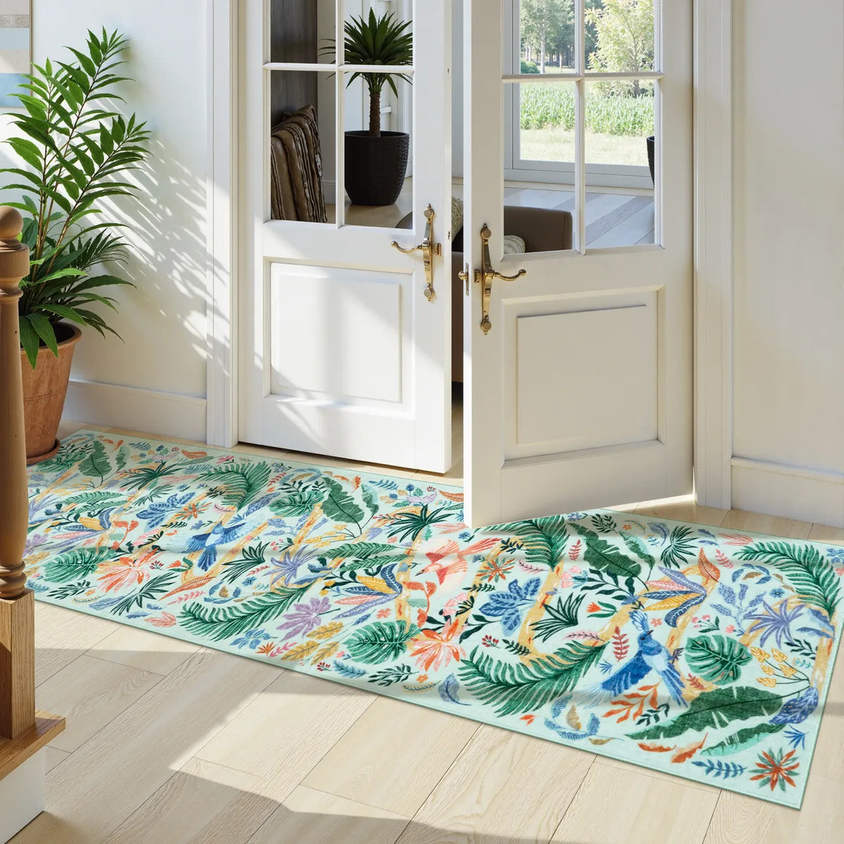 Lahome Washable Modern Tropical Bird Green Runner Rug for hallway