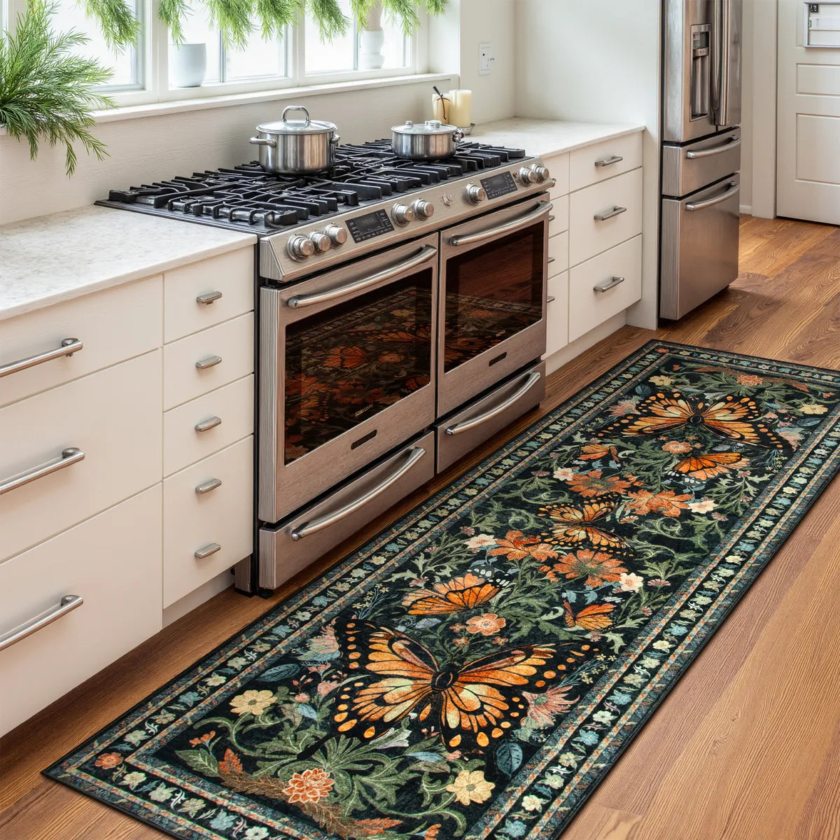 Leonie Washable Butterfly Floral Blossom Black Rug Area Rugs Lahome