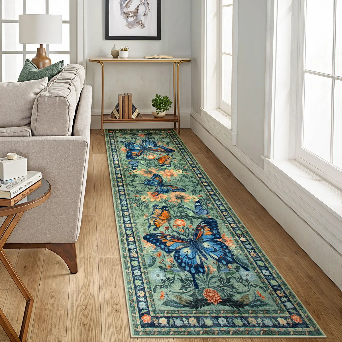 Leonie Washable Butterfly Floral Blossom Green Rug Area Rugs Lahome