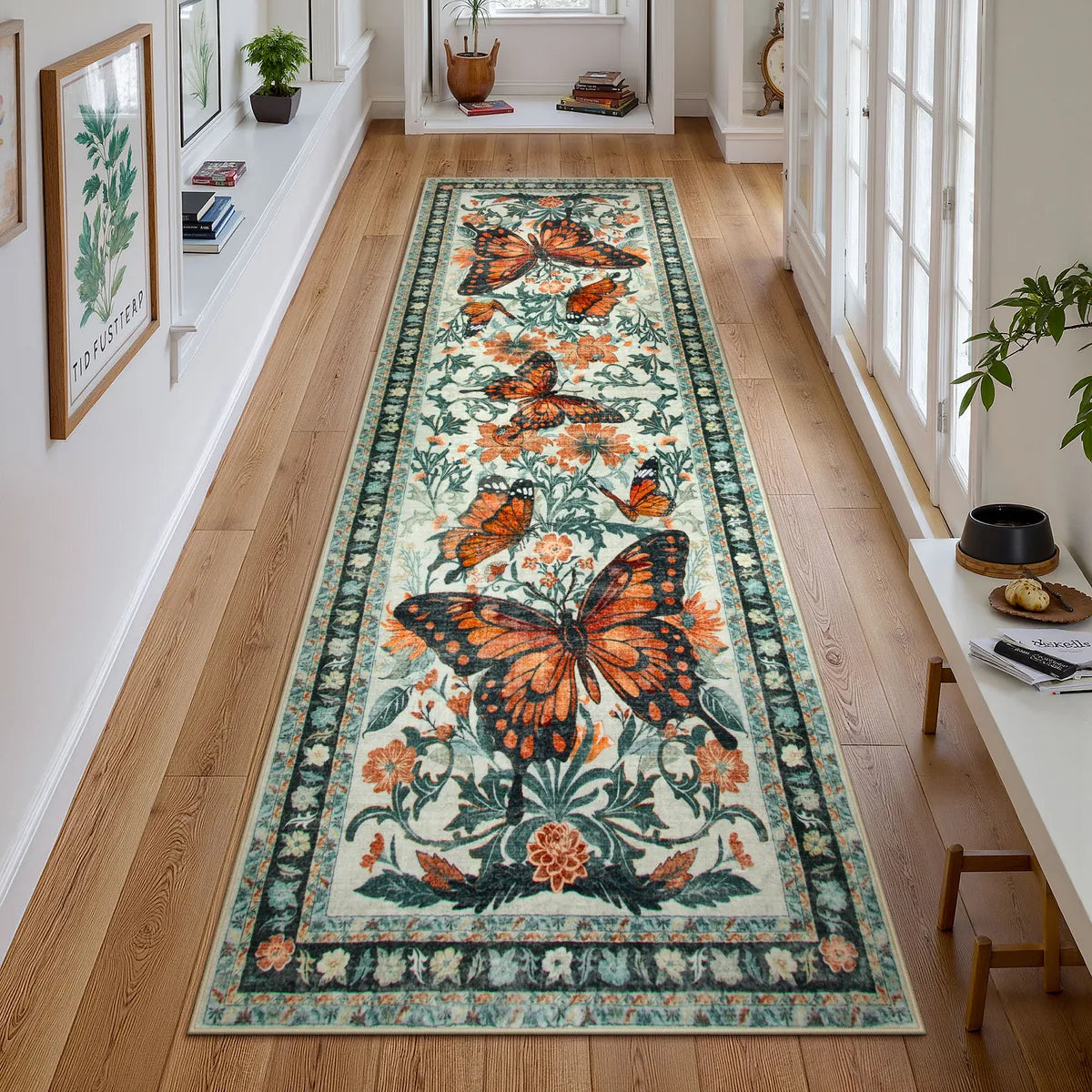 Leonie Washable Butterfly Floral Blossom Beige Runner Rug Clearance Rugs Lahome