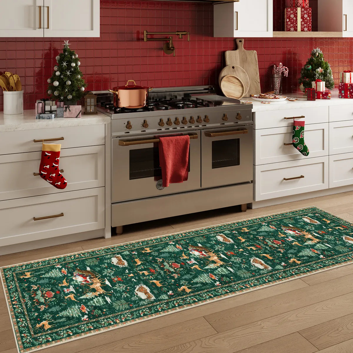 Olivier Christmas Washable Tree and Santa Green Rug Area Rugs Lahome